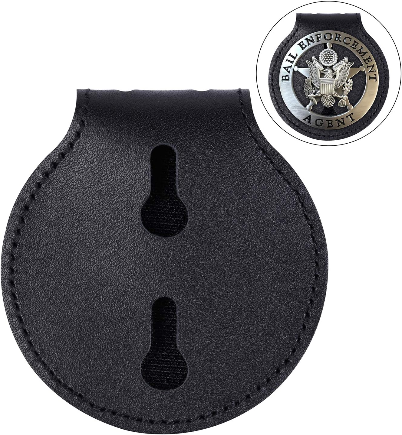 Police Badge Holder,Cowhide Leather Universal Police Badge Holder Pocket Case with Mn-Steel Belt Clip, Hook and Loop Closure and Stainless Bead Chain Necklace- Circle Shape