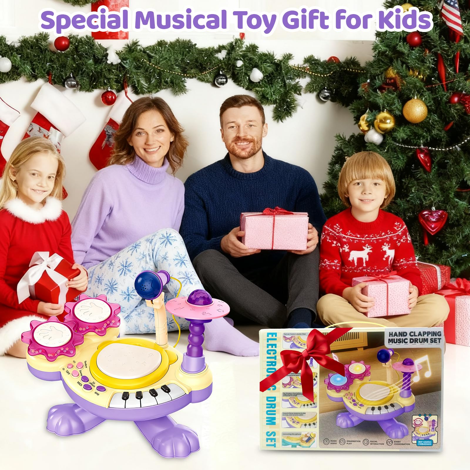 Batteria Bambini 3 Anni, Tamburo con Battito di Mani con Musica, Luci, Microfono e Tasti di Pianoforte, Educazione Precoce Batteria Strumenti Musicali Bambini Giocattolo Natale Regalo (Viola)