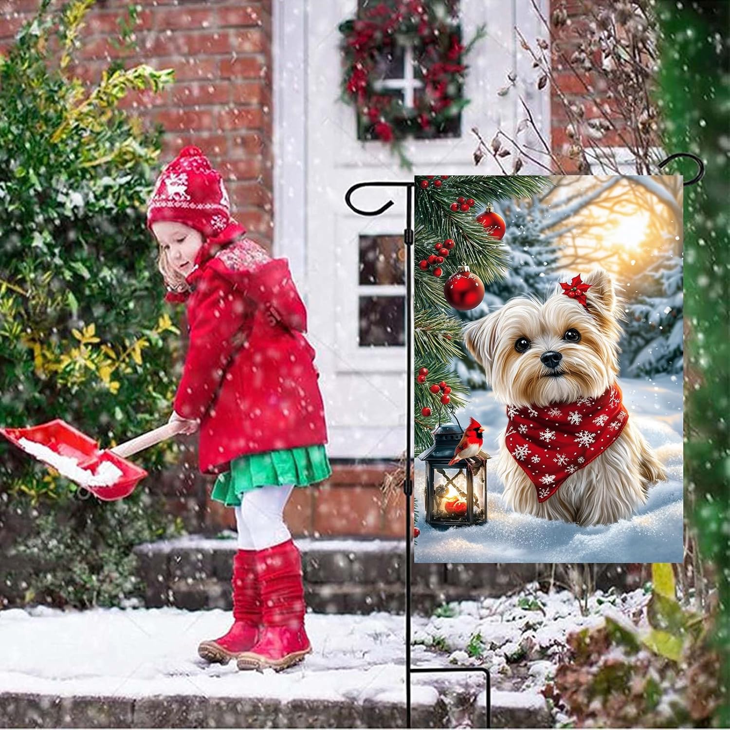 Merry Christmas Yorkie Dog Garden Flags 12x18 Double Sided, Small Burlap Outdoor Vacation Farmhouse Rustic Snow Garden Flag Winter Xmas Decorations Yard Lawn Flags for Outside Home - Image 2