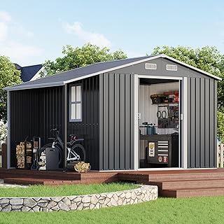 Jocisland 10.6x6.8x6.3 FT Outdoor Storage Shed with Sliding Doors, Two 4-Pane Windows, Open-Air Design Outdoor Shed for Wood Storage, Dark Grey/White