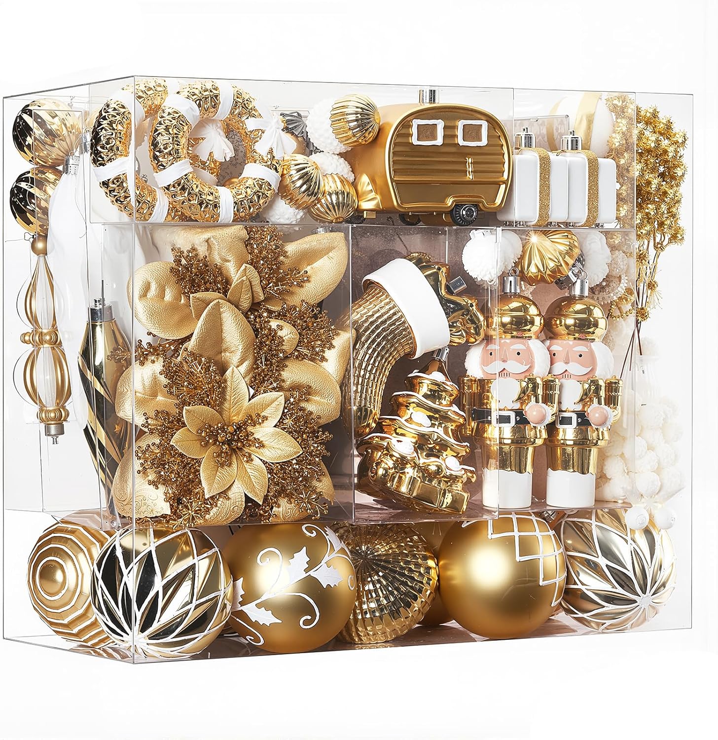 SHareconn 135pcs Christmas Balls Ornaments Set, Shatterproof Plastic Baubles, Ribbon and Tree Topper for Xmas Tree Holiday Wedding Party Decorations with Hanging Strings, Gold and White