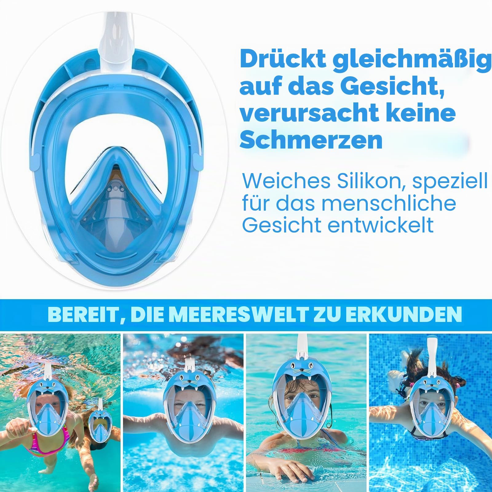 Schnorchelmaske Kinder, Tauchmaske Vollgesichtsmaske mit Schnorchel, CO2 Sichere Tauchmaske, 180° Panoramablick, Mit Ohrstöpseln & Aufbewahrungsbeutel, für Kinder von 4-12 Jahren (XS, Blau)