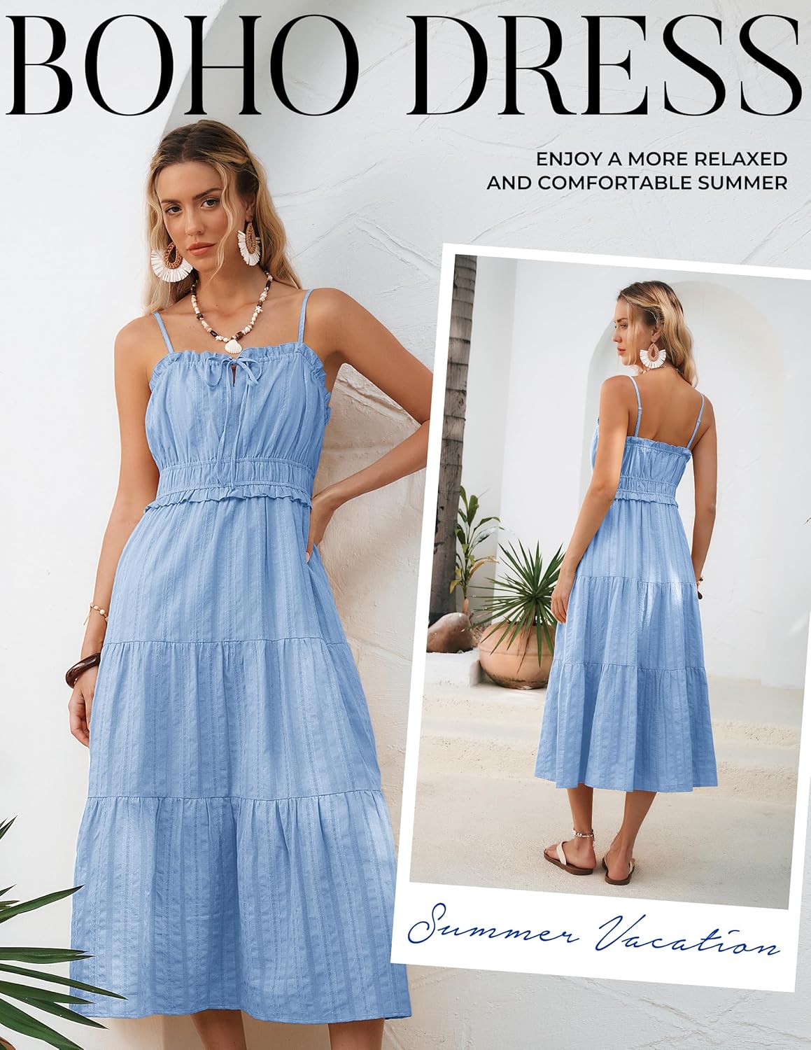 Kate Kasin 2026 Women Spaghetti Strap Summer Midi Dresses, Casual Sleeveless Elastic Waist Boho Dress, Beach Sundress Pockets