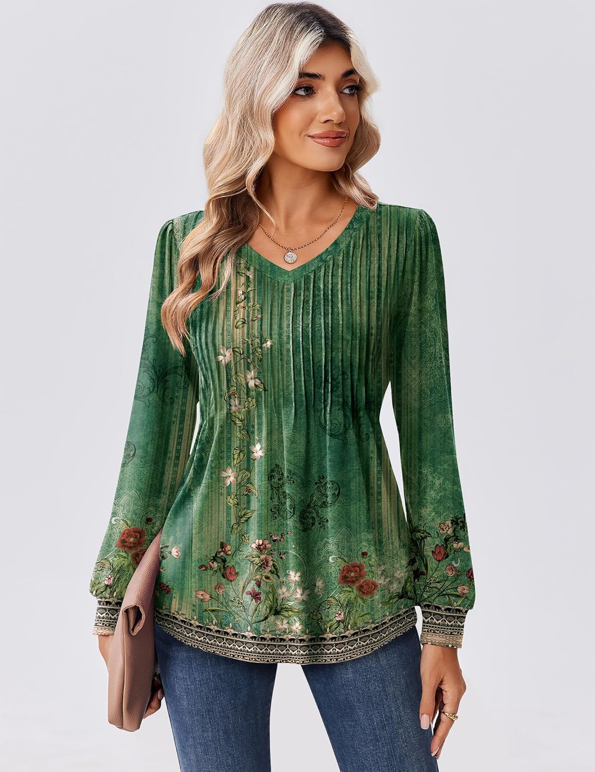 Zeagoo Long Sleeve Shirts for Women Casual V Neck Top Pleated Floral Boho Blouses 2026 Fall Tunics - Image 2