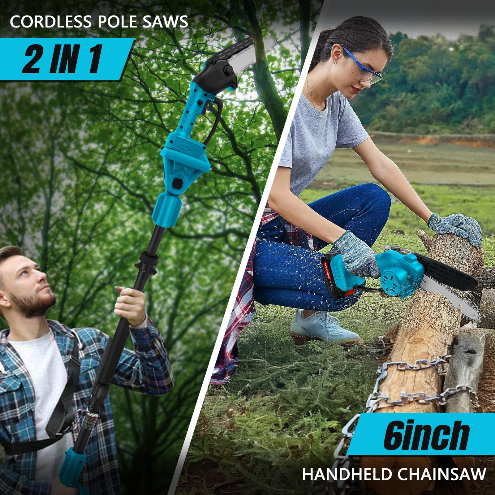 2 in 1 Akku Hochentaster, 6 Zoll Mini Astsäge Akku Astschere mit 2X 4,0Ah Akku, Bürstenlose Teleskop Kettensäge für Makita 18V Akku, Geeignet für den Baumpflege