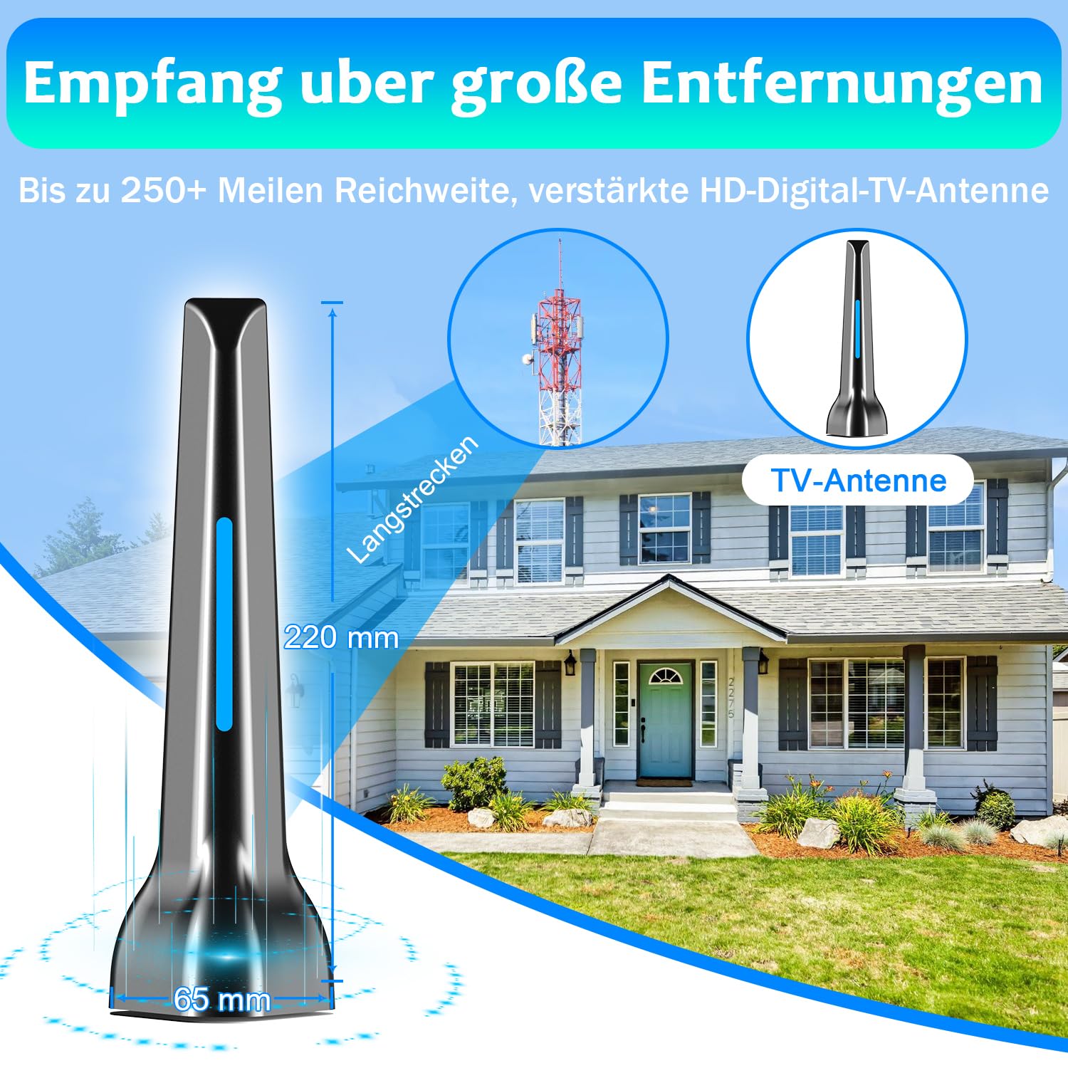 Antenne DVBT2 - Antenne d'intérieur DVB-T et DVB-T2 avec amplificateur, grande portée et réception à 360° - Antenne d'intérieur pour téléviseur avec base magnétique puissante - Convient pour 4K 1080p