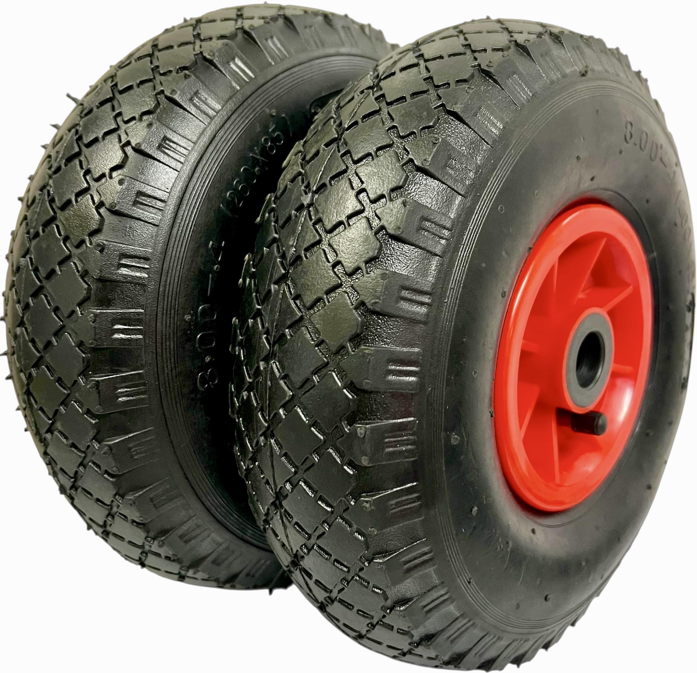 KOVA® 2X Sackkarrenrad LUFTBEREIFT 3.00-4, 260x85mm, Nabe Ø20×75, Reifen mit Schlauch & Rad Sackkarre Bollerwagen Luftreifen Ersatzrad Sackkarren Räder Rollenlager Luftrad Winkelventil Schw/Rot, L