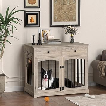 BREEZEHEAT Rustic Grey Dog Crate Furniture-40 inch Farmhouse Dog Kennel with Two Drawers-End Table Wooden Pet Crate, Decorative Dog House Indoor for Small Medium Large Dog