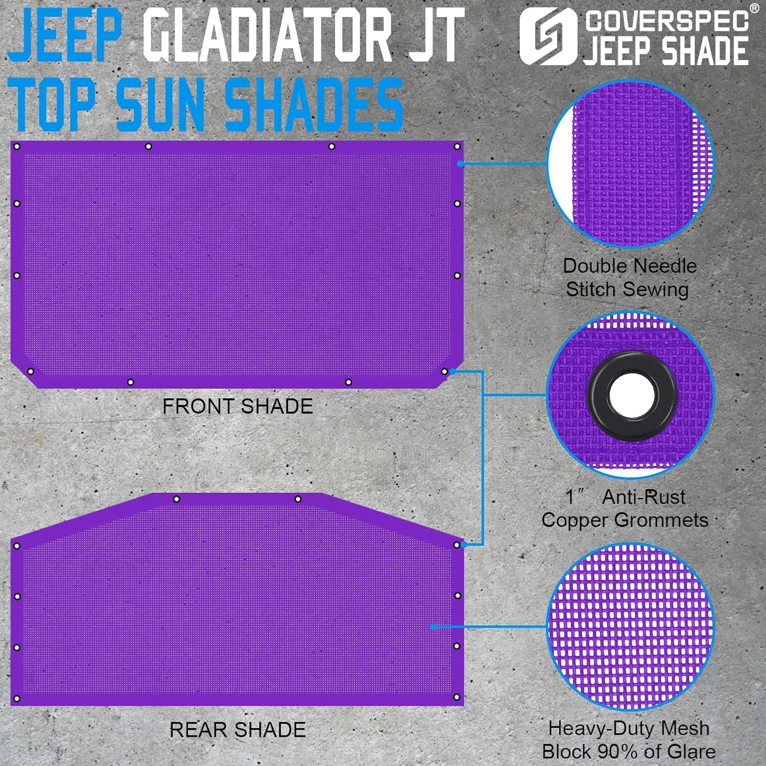 JT Top Sun Shade Roof Compatible with Jeep Gladiator 4 Door 2018 to 2023 Sunshade Sunroof Bikini Cover Blocks UV Wind Noise Purple Mesh for Front and Rear 2 pcs