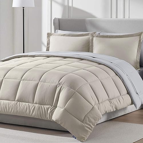 Nestl Juego de edredón Queen de 7 piezas, cama reversible beige en una bolsa, juego completo de ropa de cama tamaño Queen con sábanas, fundas de