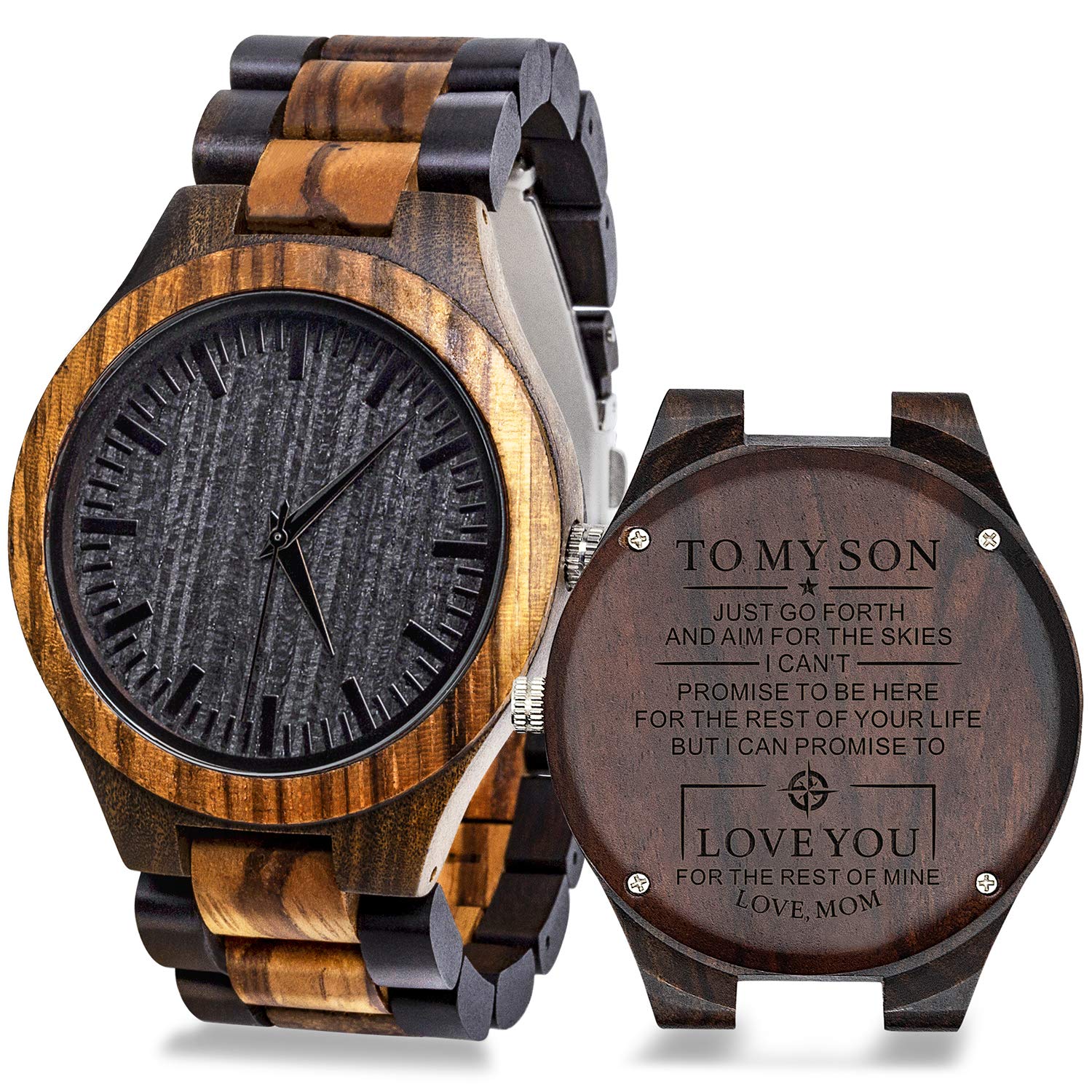 Reloj de pulsera de madera de cuarzo analógico con grabado personalizado para hombre con correa de piel de vaca, regalo personalizado para hombre marido novio regalo de cumpleaños Navidad