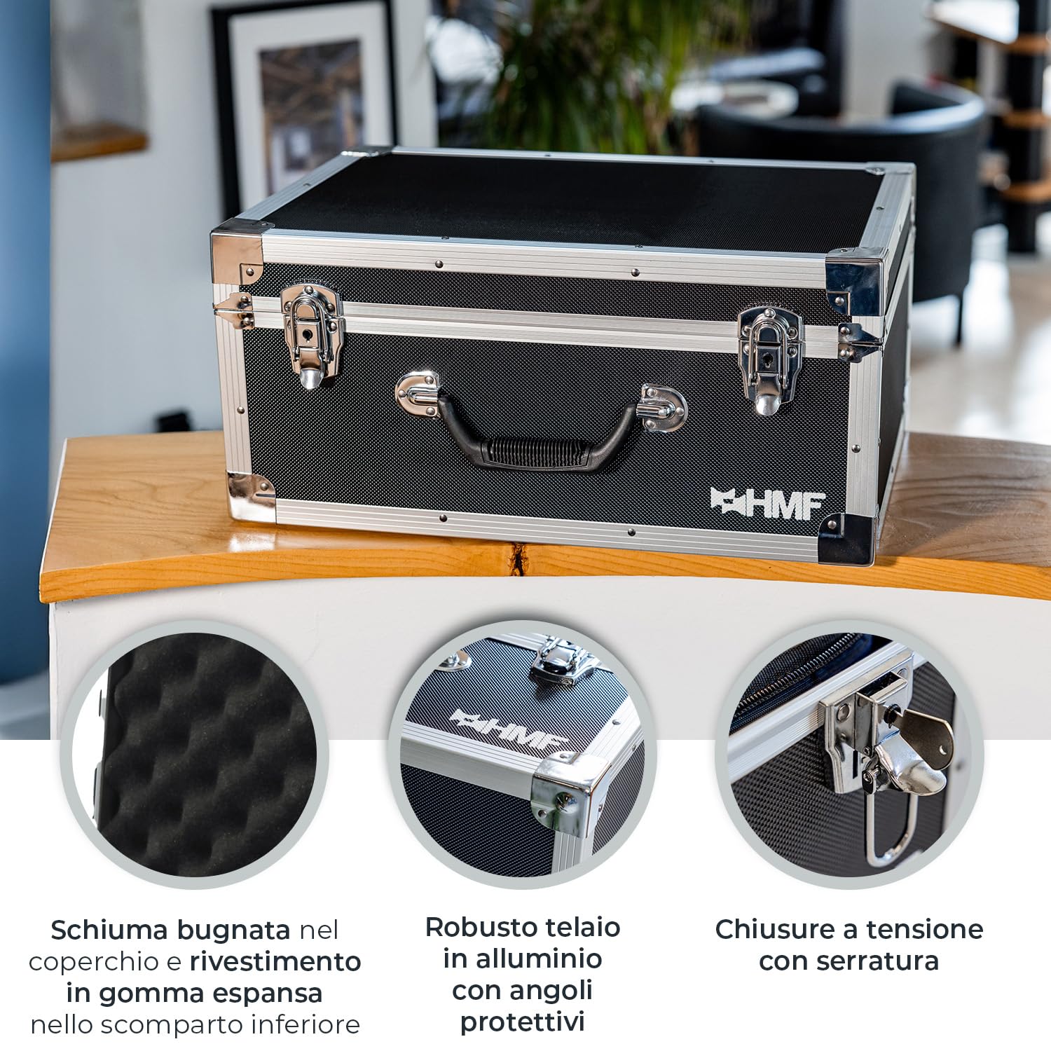 HMF Valigetta fotografica con schiuma, valigia da trasporto imbottita con telaio in alluminio per DSLR/reflex & accessori fotografici | 48 x 32 x 22,5 cm | Nero
