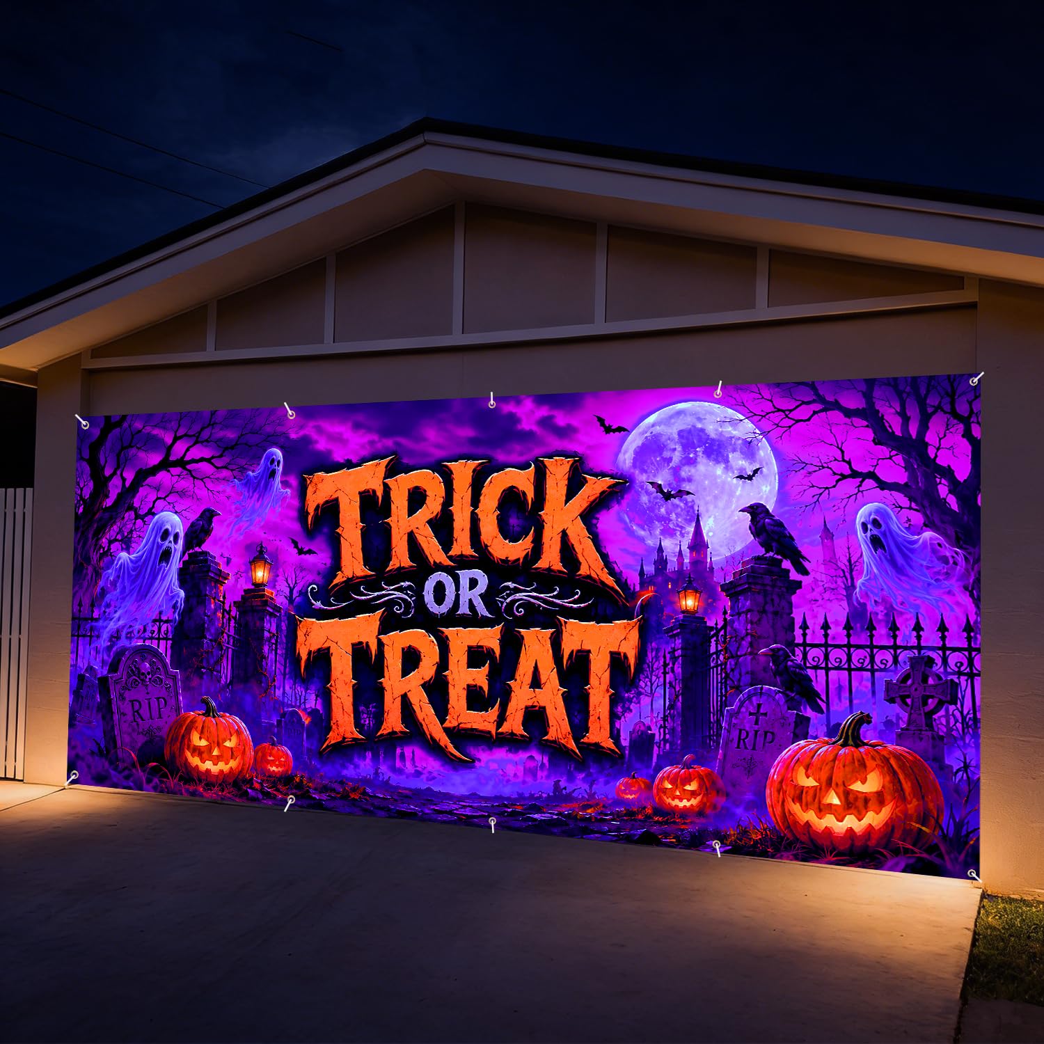 7 x 16 ft Trick Treat Halloween Garage Door Decorations Halloween decorations Door Cover, Blacklight UV Reactive Hanging Banner for Home, Outdoor, Indoor, Spooky Party, Wall, Window