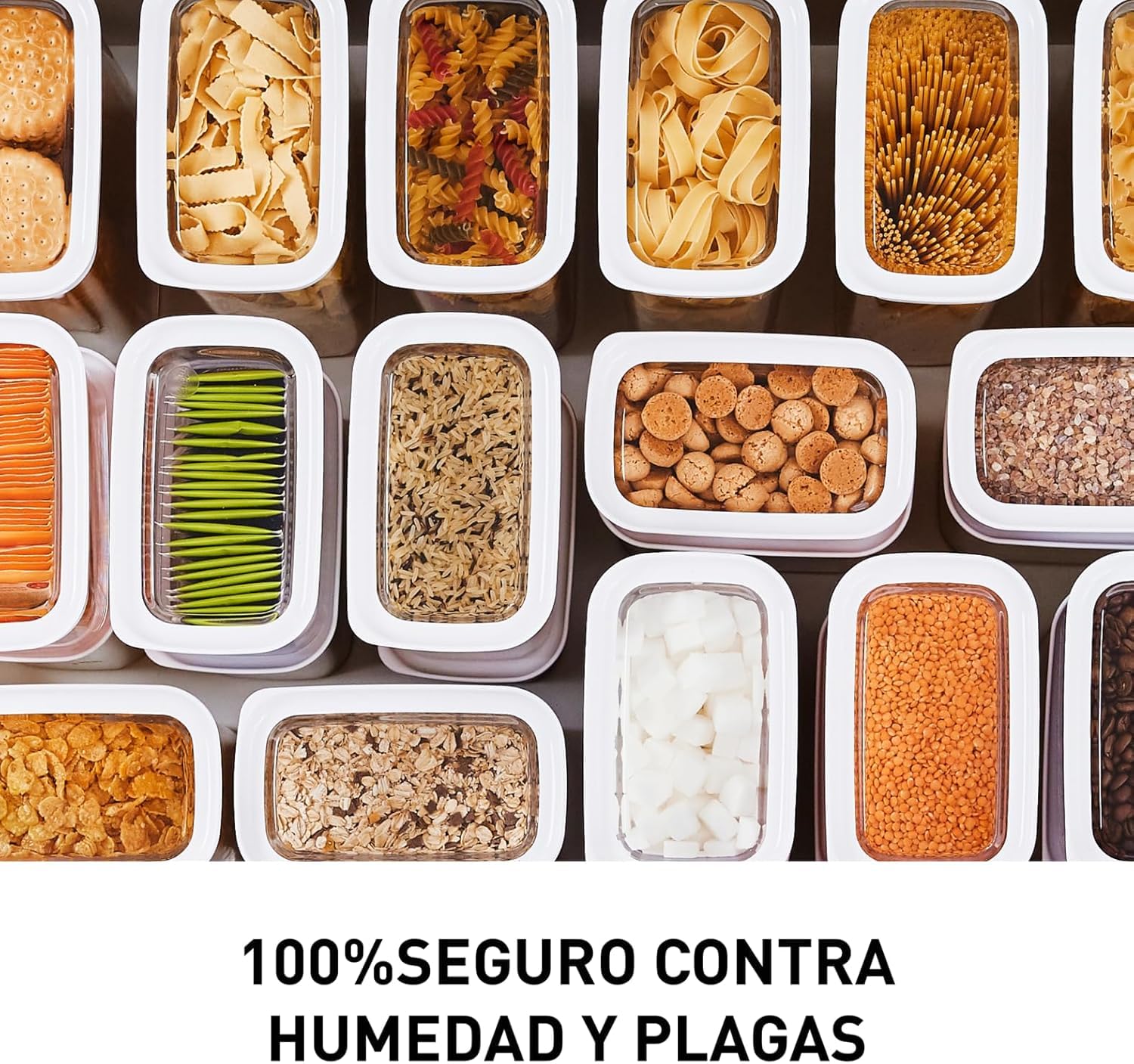 Emsa Optima Dry Food - Set 5 Recipientes Herméticos de Plástico Rectangular, higiénico, fácil apilamiento, tapa cierre a presión y bordes antideslizantes, certificado "Baby Care", apto lavavajillas