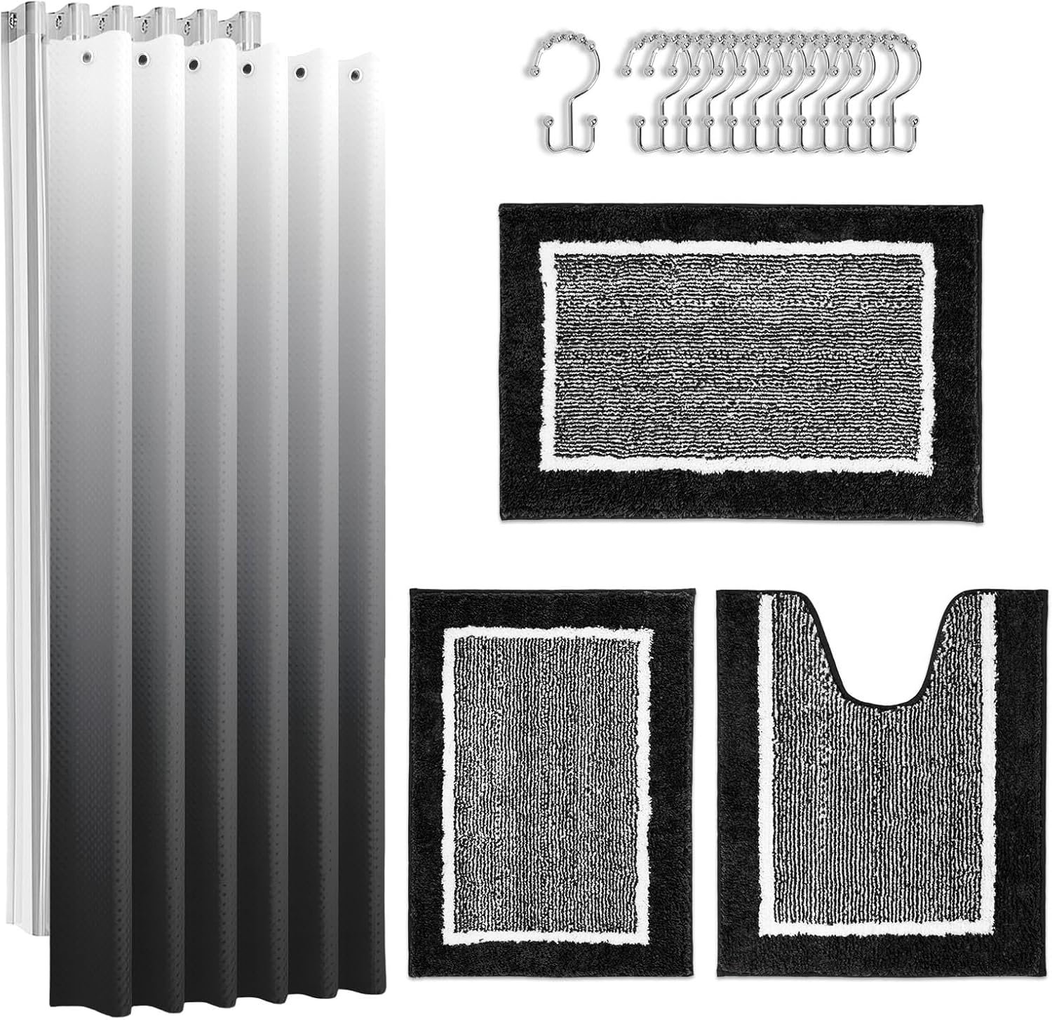 Britimes Black Bathroom Sets with Shower Curtain and Rugs, Modern Stripes Abstract Home Bathroom Decor Shower Curtain Liner and Soft Non Slip Bath Mat for Bathroom Decor and Accessories Hooks