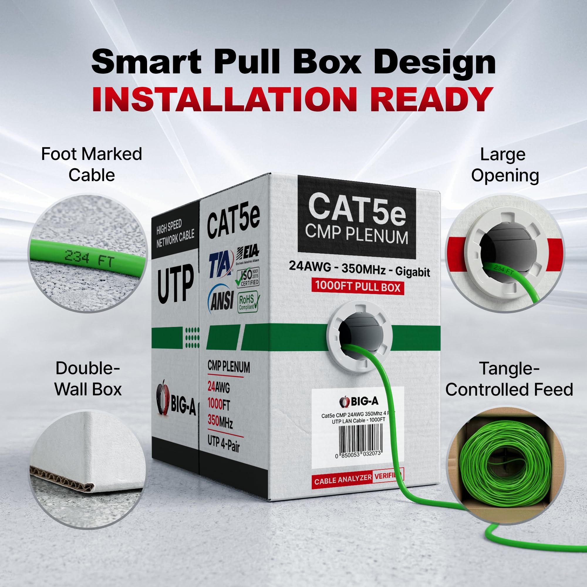 BIG-A - Bulk Cat5e Cavo 24AWG Solid 4 paia Cat5e Ethernet Cable 304,8 m, doppino intrecciato non schermato (UTP), cavo Internet 350MHz, Pull Box - Verde