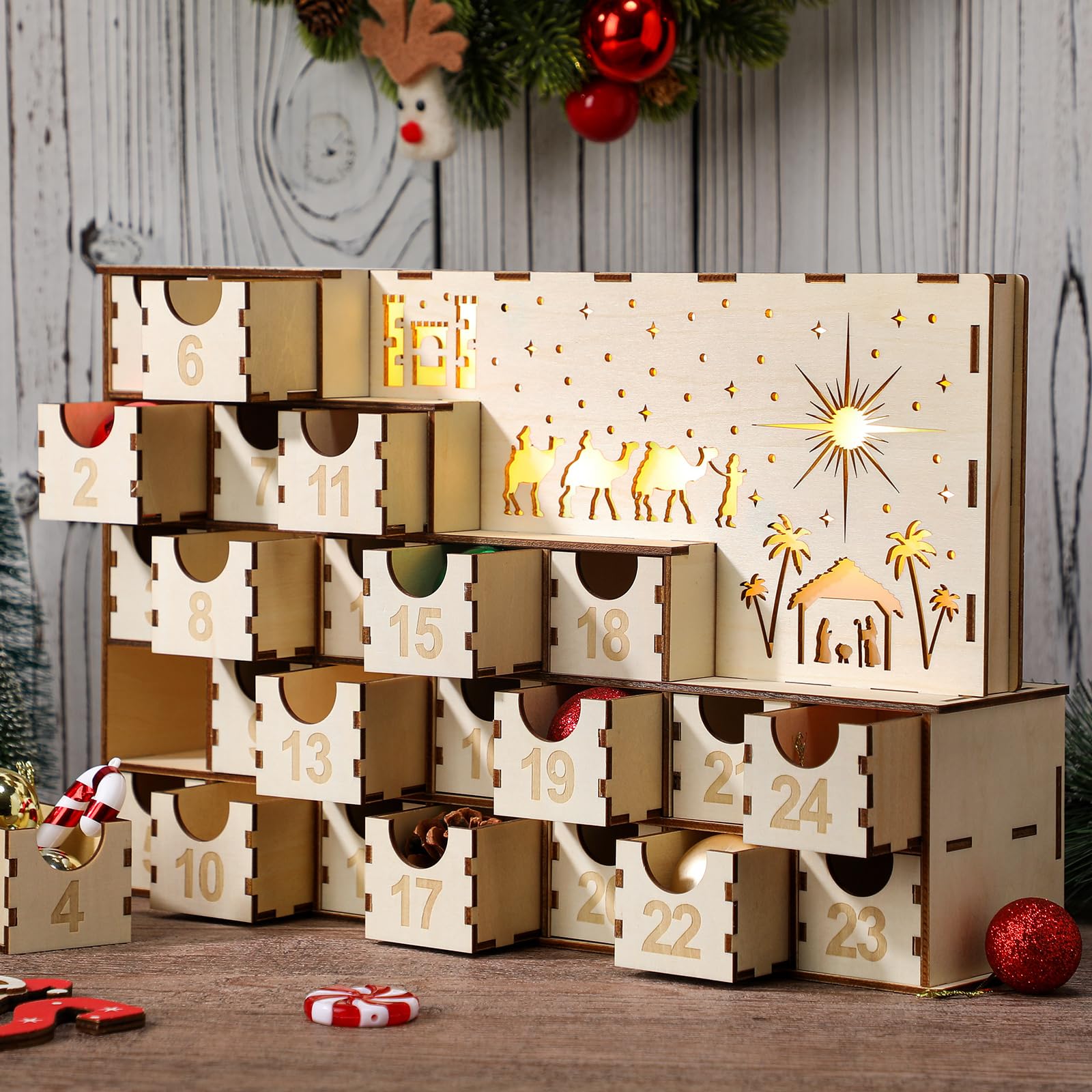 Nuanchu 24 Tage Adventskalender mit 24 Schubladen beleuchtet Holz DIY Countdown bis Weihnachten Kalender Krippe Dekoration Weihnachten Desktop Organizer Xmas Holz Handwerk 35,8 x 21,6 x 7,6 cm