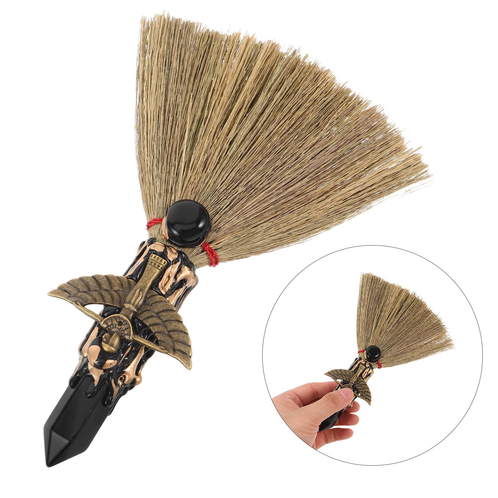 SEWACC 4 Piezas Escoba de Mano Natural de Obsidiana Negra y Palma para Limpieza de Escritorio, Mini Escoba Mágica Artesanal Diseño Único para Decoración y Uso Personal