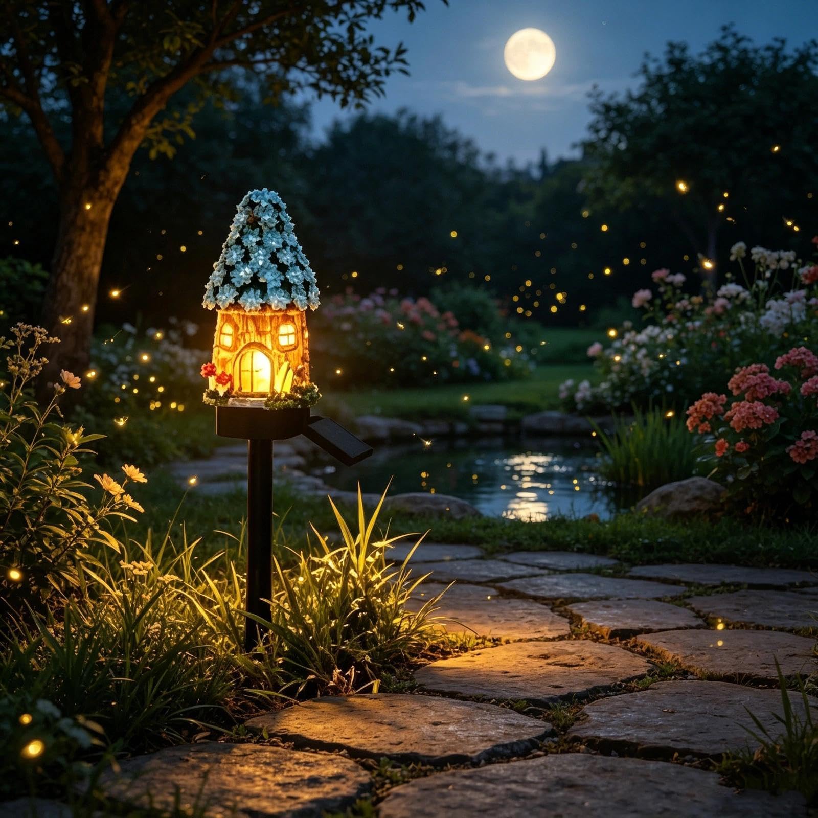 Introti Blue Solar Mushroom Cottage Garden Light, Waterproof Led Fairy House Outdoor Lamp, Auto On/Off Resin Pathway Light For Patio Lawn Flower Bed Yard Decor