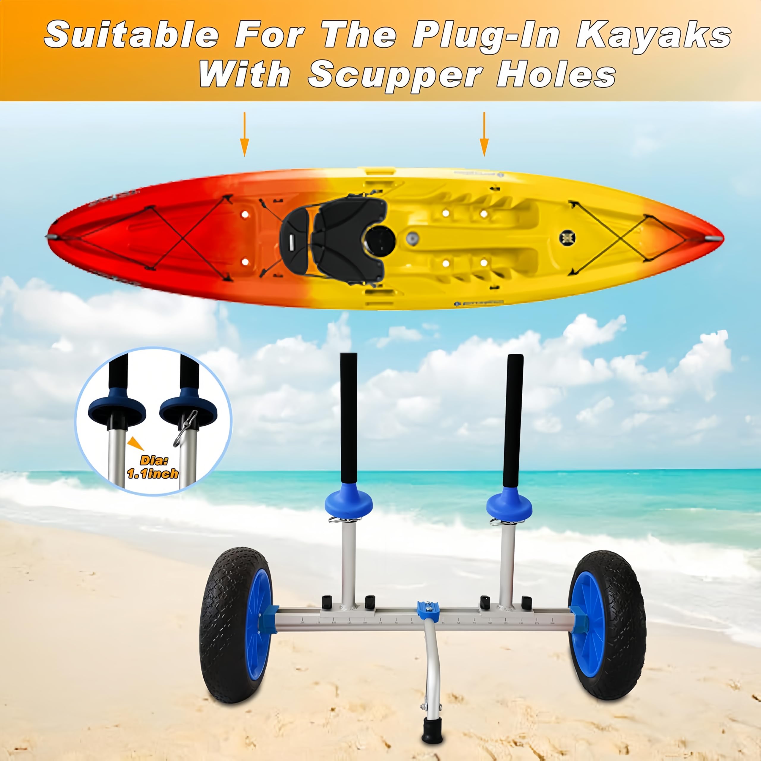 Carrello per kayak con ruote sporche, rimovibile e regolabile in larghezza, adatto per kayak e canoe con fori Scupper