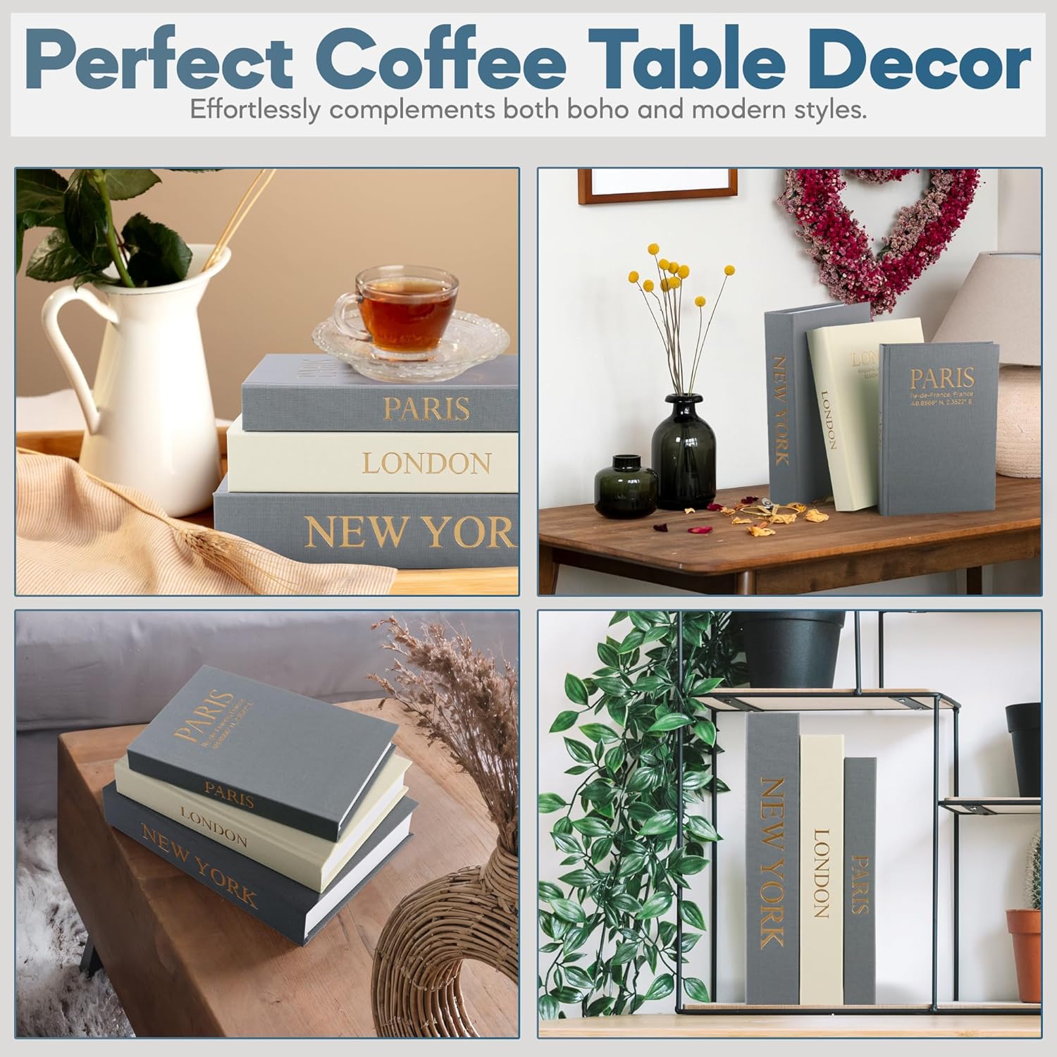 Faux Book Storage Box Set (Set of 3) – Decorative Faux Books with Hidden Storage for Coffee Table Decor, Bookshelf or Mantle – Linen Decorative Book Boxes – Aesthetic Decor for Homes