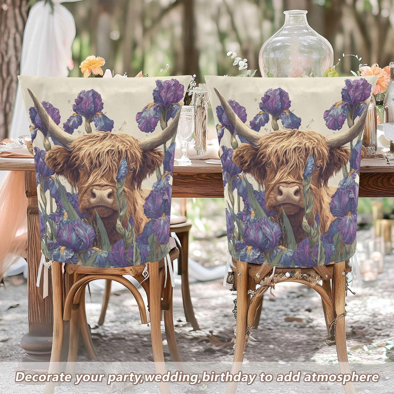 ALAZA Iris Flowers and Highland Cow Chair Back Cover Set of 6, Washable Reusable Removable Chair Slipcovers Decorative Chair Cover for Home Kitchen Wedding Party