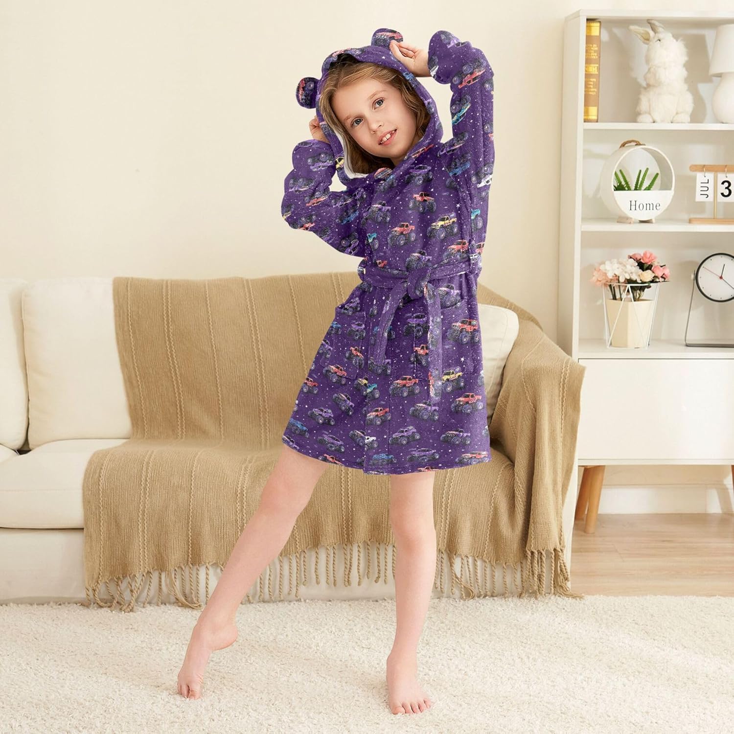 Monster Truck Cars Stars Bathrobe Hooded PJ Robe Plush Fleece Robe Pajama Sleepwear 2-12 Years