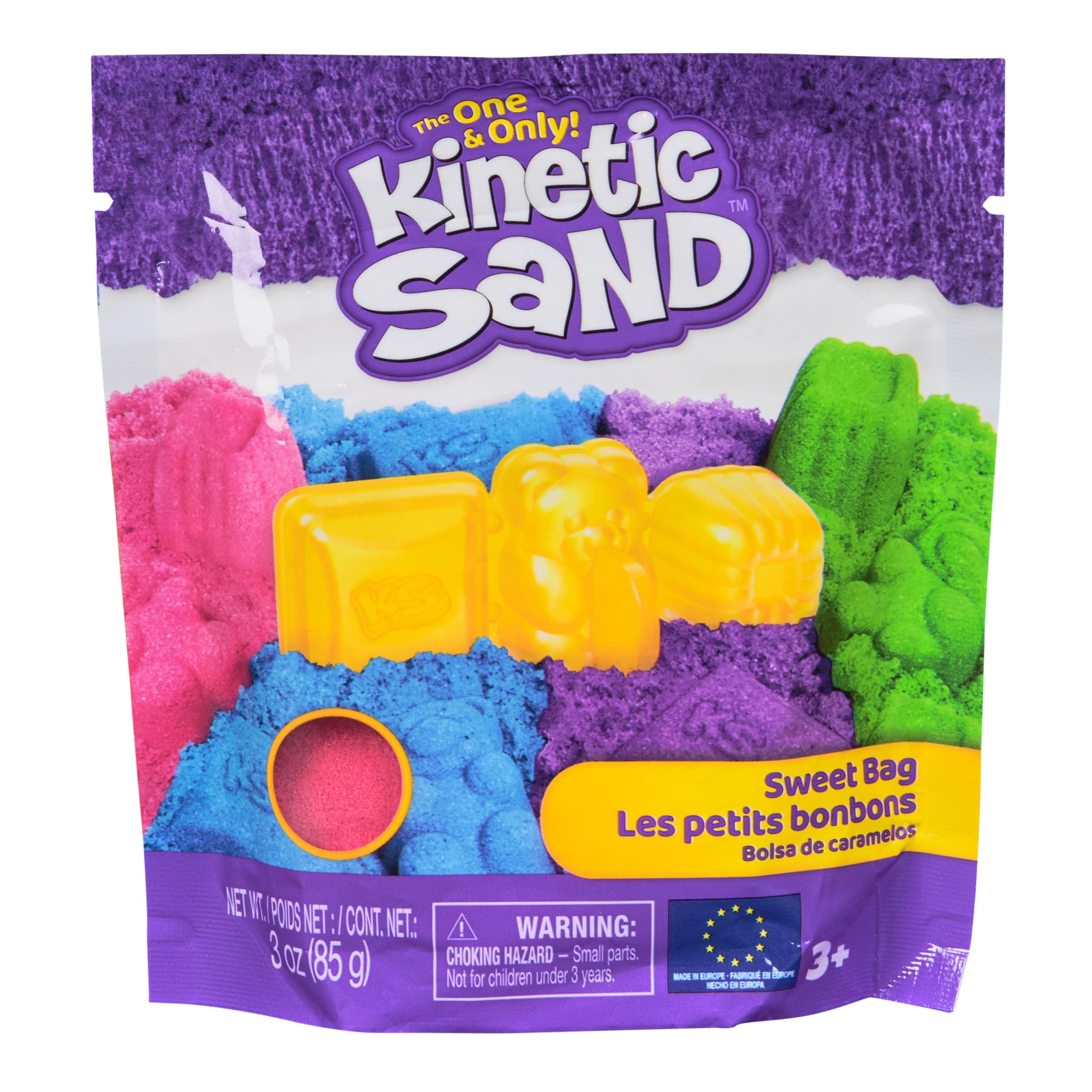 Kinetic Sand Sweet Bag - with 85 g Original Magic Sand in One of Four Colours (Selection Random) and 1 Candy Mould for Creative Indoor Sand and Role Play, for Children from 3 Years