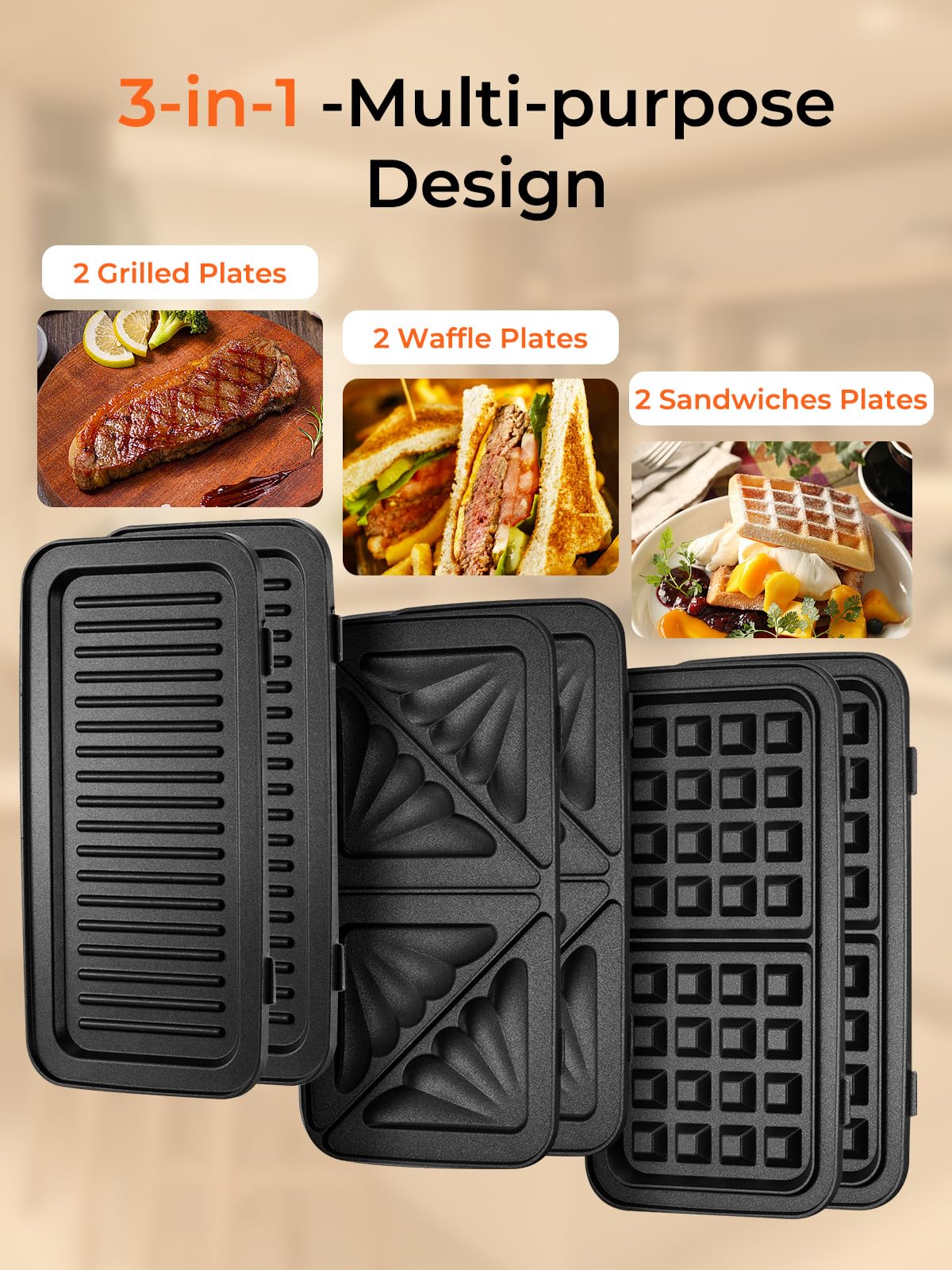 HOUSNAT Gaufrier 3 in 1, Appareil à Croque Monsieur avec Contrôle de Température à 5 Vitesses, Pour Gaufres Belges, Revêtement Antiadhésif, Parfait pour le Petit Déjeuner, Rouge