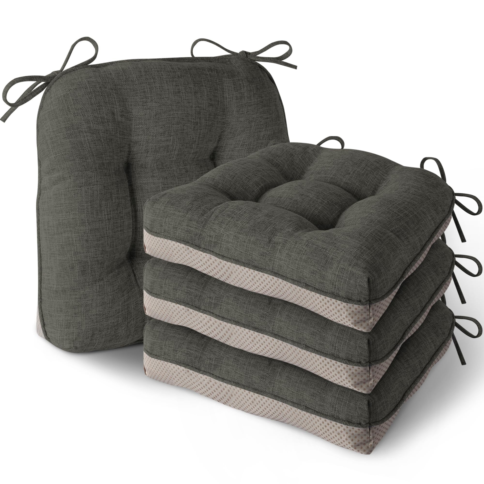 MineCozy Indoor Seat Cushions for Dining Chairs Non Slip Kitchen Chair Cushions Set of 4 Thick Tufted Seat Pads with Ties for Dining Room 40x40x8.5cm Dark Grey