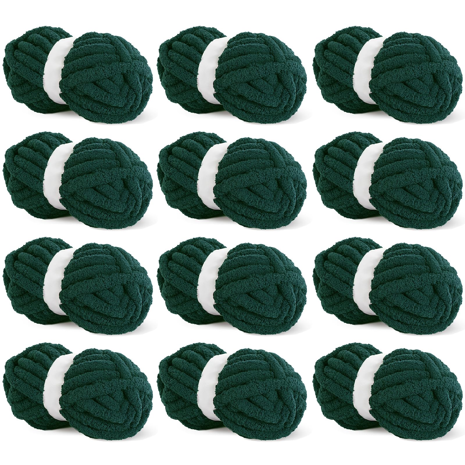 HOMBYS Dark Green Chunky Chenille Yarn for Crocheting, Bulky Thick Fluffy for Knitting, Super Bulky for Hand Knitting Blanket, Soft Plush, 12 Jumbo Pack (27 Yds, 8 Oz Each Skein)