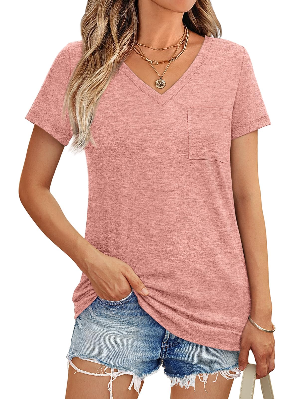 Haslike Frauen Sommer Solide V-Ausschnitt T-Shirt Tops Lose Fit Kurzarm T-Shirt Top