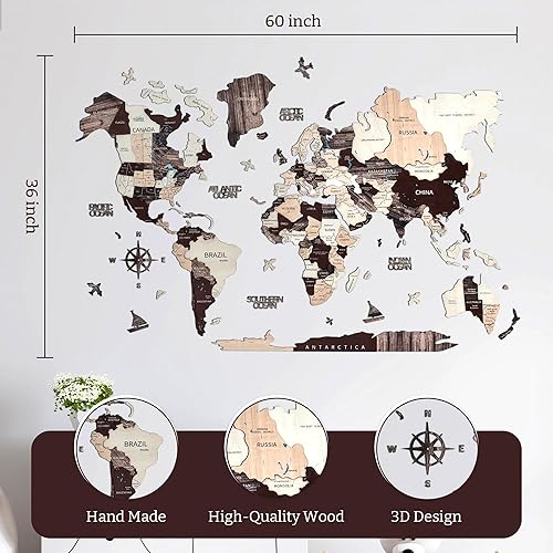 Miniatura 3 de KPSKE Mapa del mundo de madera 3D para pared, mapa de decoración de pared con nombres de océanos, barcos, brújula y más - Mapa de viaje de madera