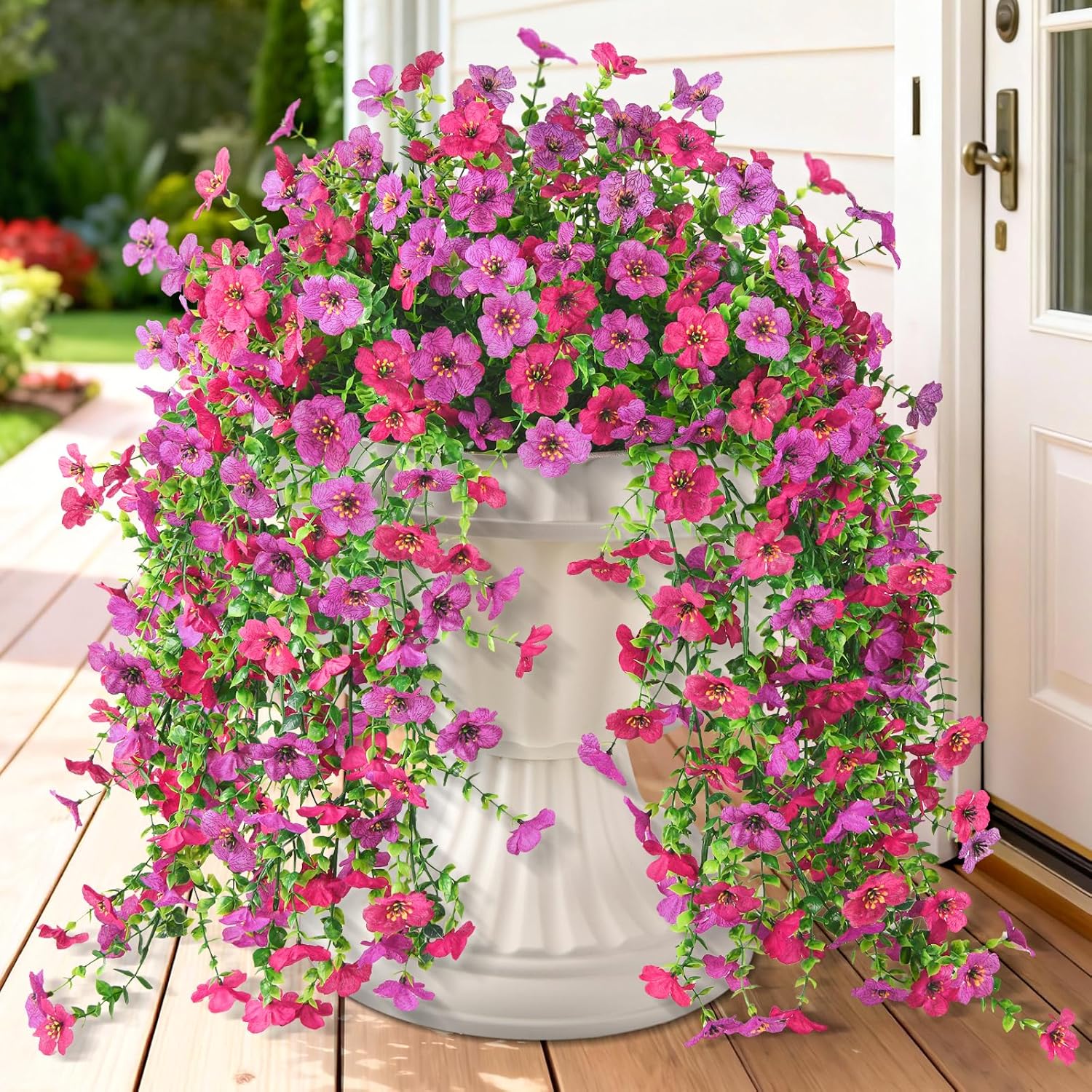 Homsunny Artificial Hanging Flowers for Outdoor, 2PCS Fake Flowers Faux Silk Daisy with Eucalyptus Leaves, UV Resistant Aritificial Flowers for Spring Home Patio Yard Porch Decor (Light Purple Red)