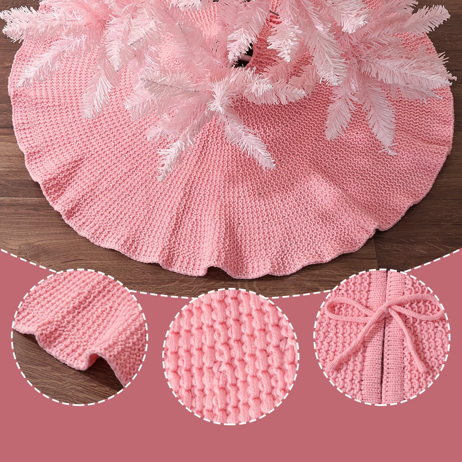 LimBridge Knitted Christmas Tree Skirt: 36 Inch Pink Lotus Leaf Edge Chunky Crochet Tree Skirt with Round Wood Buttons, Christmas Tree Decorations for Merry Christmas Home Décor Party Gifts