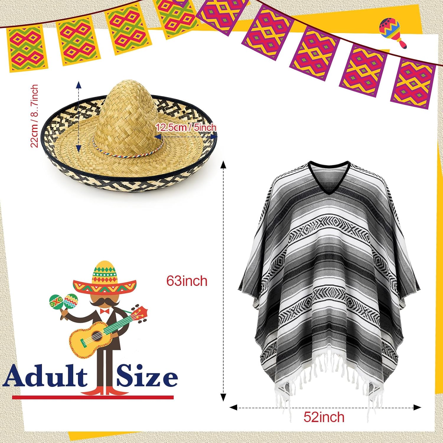 Yahenda 4 Pcs Colrful Costume Set for Adults Include Colrful Serape Poncho Sombrero Sunglasses Moustache