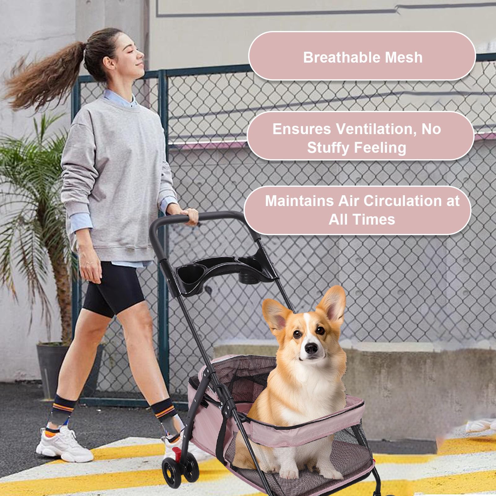 Carrito para Perros de 4 Ruedas, Joggador Plegable con Cubierta Solar, Portavasos, Almohadilla y Bolsa Trasera, Malla Transpirable