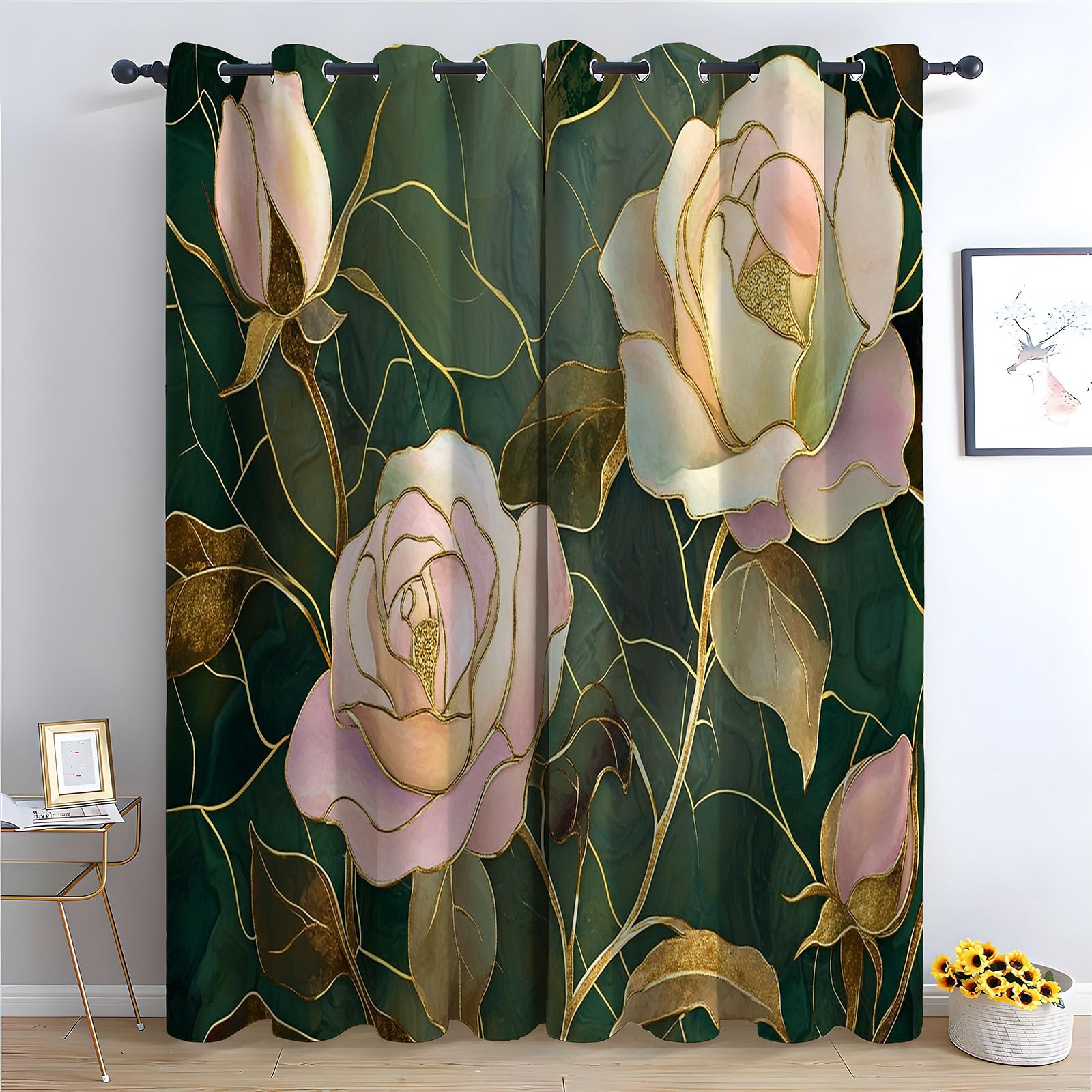 WIKEO Floral Blackout Curtains for Living Room Bedroom Vintage Floral Pattern Eyelet Curtain Botanical Thermal Insulated Noise Reducing Drapes Window Treatment-52 W x 96" L (Pack of 2)