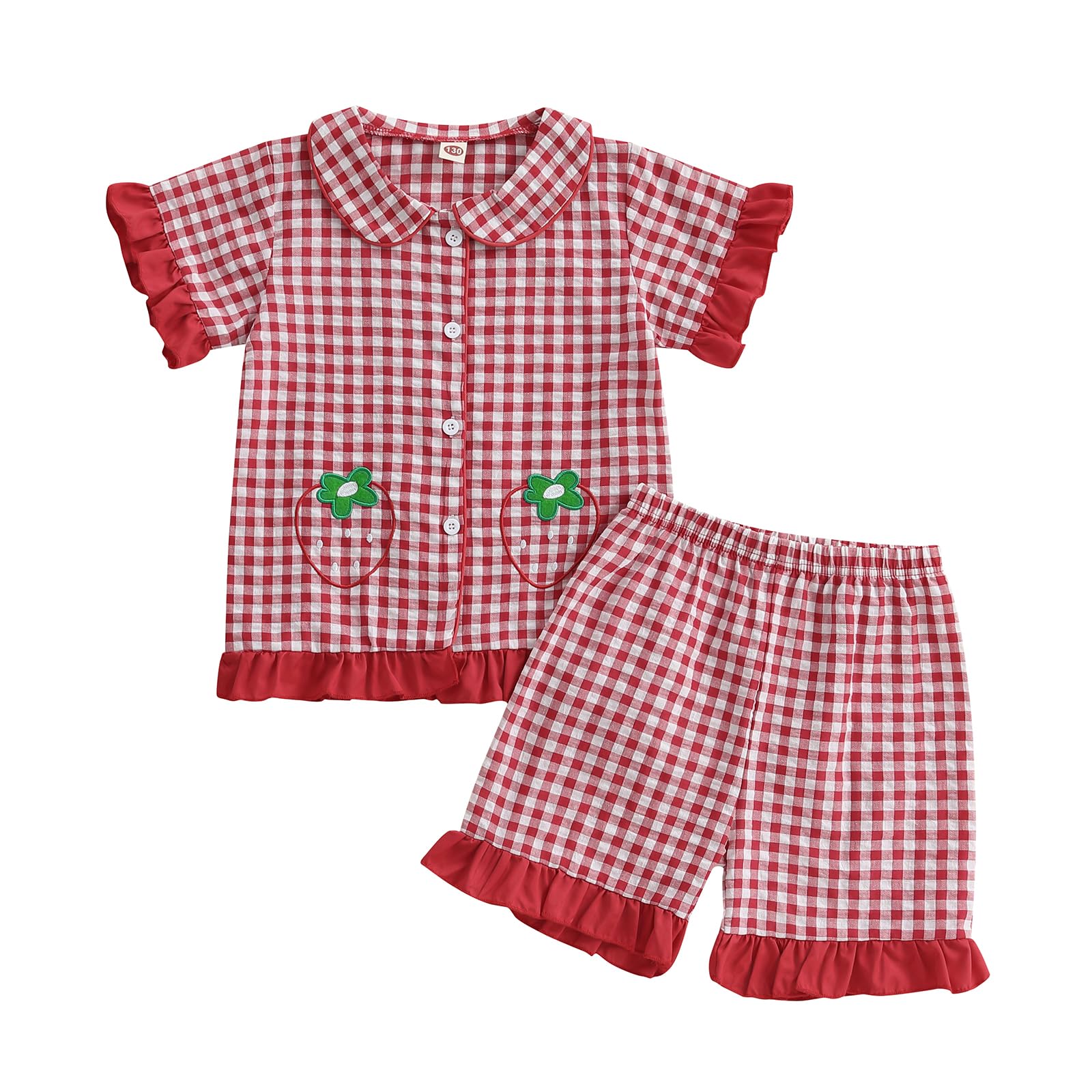 Toddler Baby Girl Summer Clothes Infant Girl Plaid Outfit Strawberry Ruffle Gingham Shirts Dress Tank Top Shorts Set — view 41