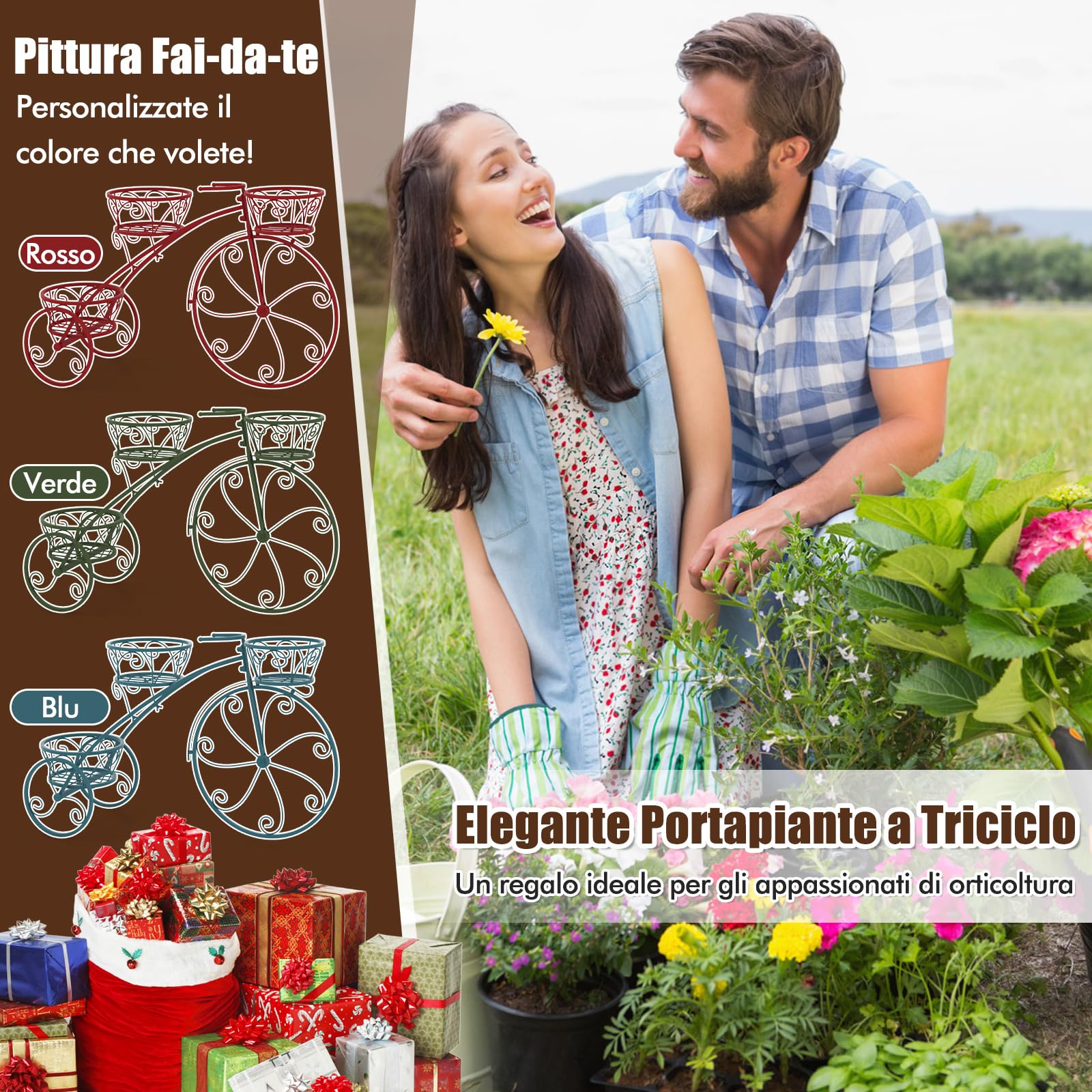 RELAX4LIFE Supporto per Piante a 3 Piani, Carrello per Vasi a Forma di Triciclo, Supporto per Piante con Telaio in Metallo Robusto da Giardino per Interni ed Esterni, 80 x 25 x 52 cm (Nero)
