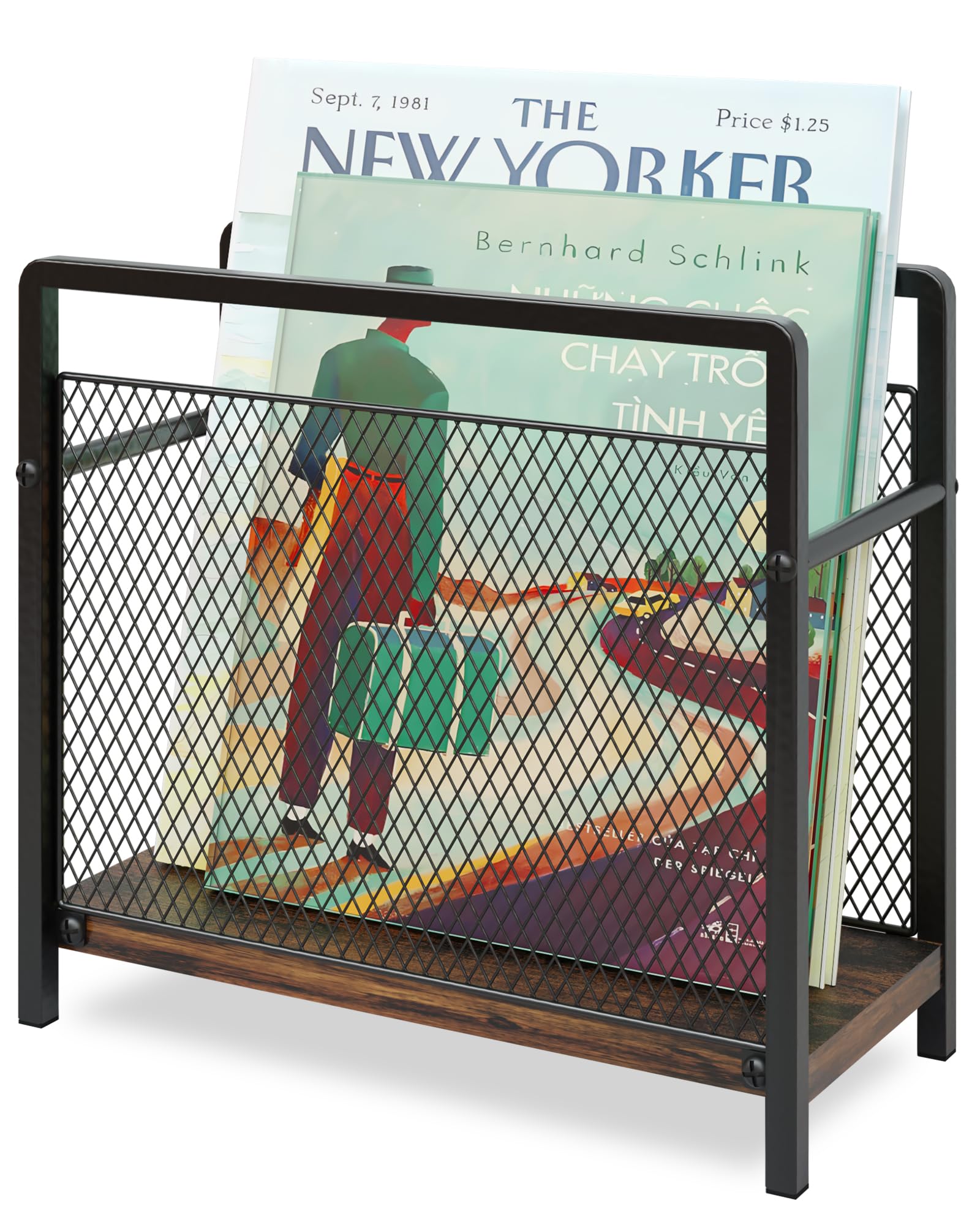 PAPAGIFTREE Freestanding Magazine Rack with Handle, Magazine File Holder Storage Metal Mesh with Wood Base, 29.5×11.5×26.9cm Mini Bookshelf for Newspapers, Books, Folders, Mails, Dark Brown — image 1