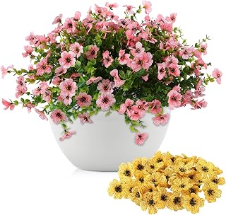 12Pcs Artificial Flowers with 21 Replaceable Flower Heads - No Fade Fake Flowers Plants, Realistic Uv Resistant Faux Flowers for Home Decor, Wedding, Outdoor Patio & DIY Arrangements (Pink/Yellow)