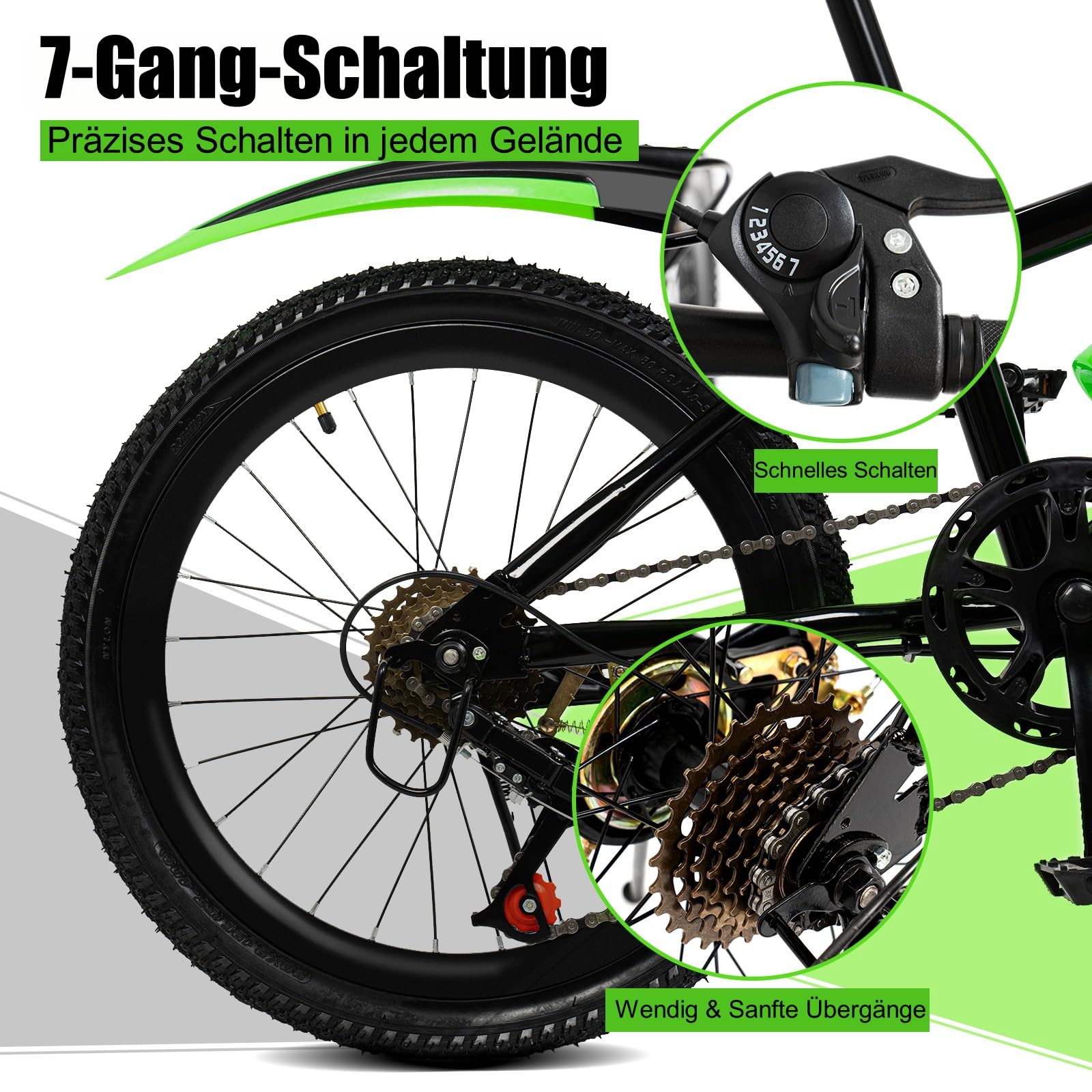 Mountain bike da 20 pollici, bicicletta per bambini, per ragazzi e ragazze, mountain bike a 7 marce, con parafango, bottiglia d'acqua, campana bussola, portata 85 kg, da 8 a 13 anni
