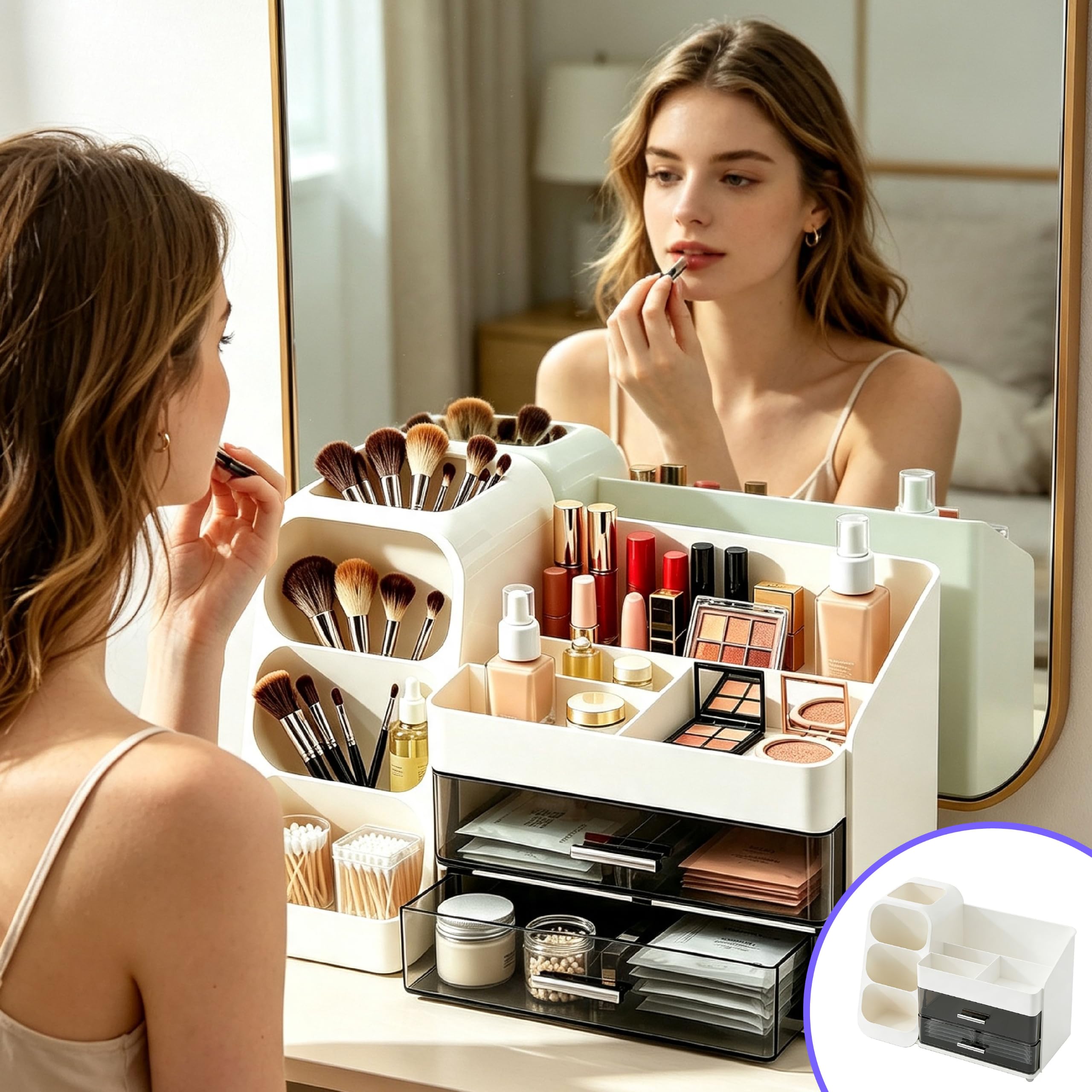 Organizador de cosméticos grande con cajones – 3 en 1 para brochas y cosméticos, elegante caja blanca para organizar y almacenar en el tocador