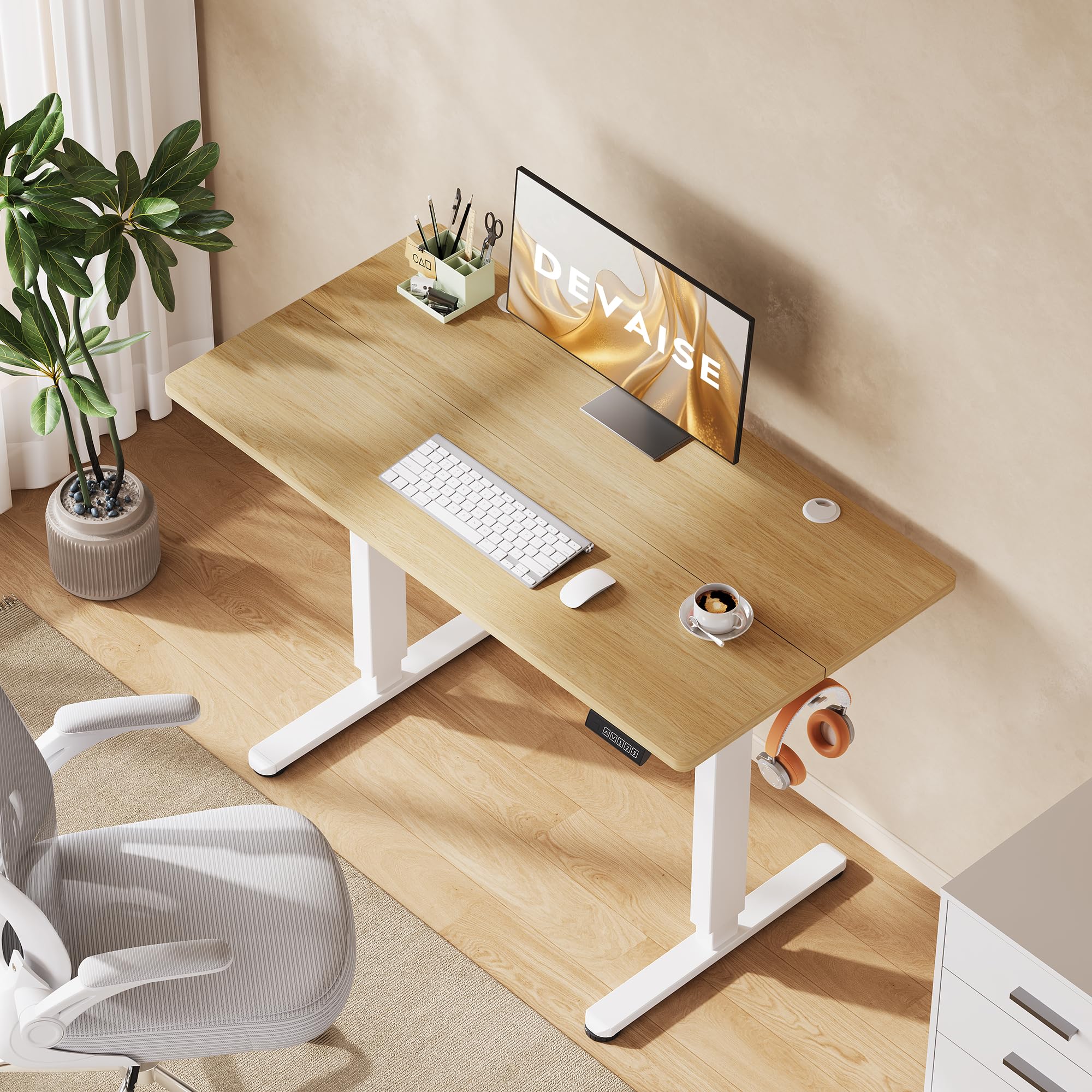 DEVAISE Scrivania Regolabile in Altezza Elettrica 120x60 cm, Scrivania Ufficio Ergonomica con Piano a 2 Sezioni, Funzione Memoria e Sistema Anticollisione, Altezza 72-118 cm,Rovere