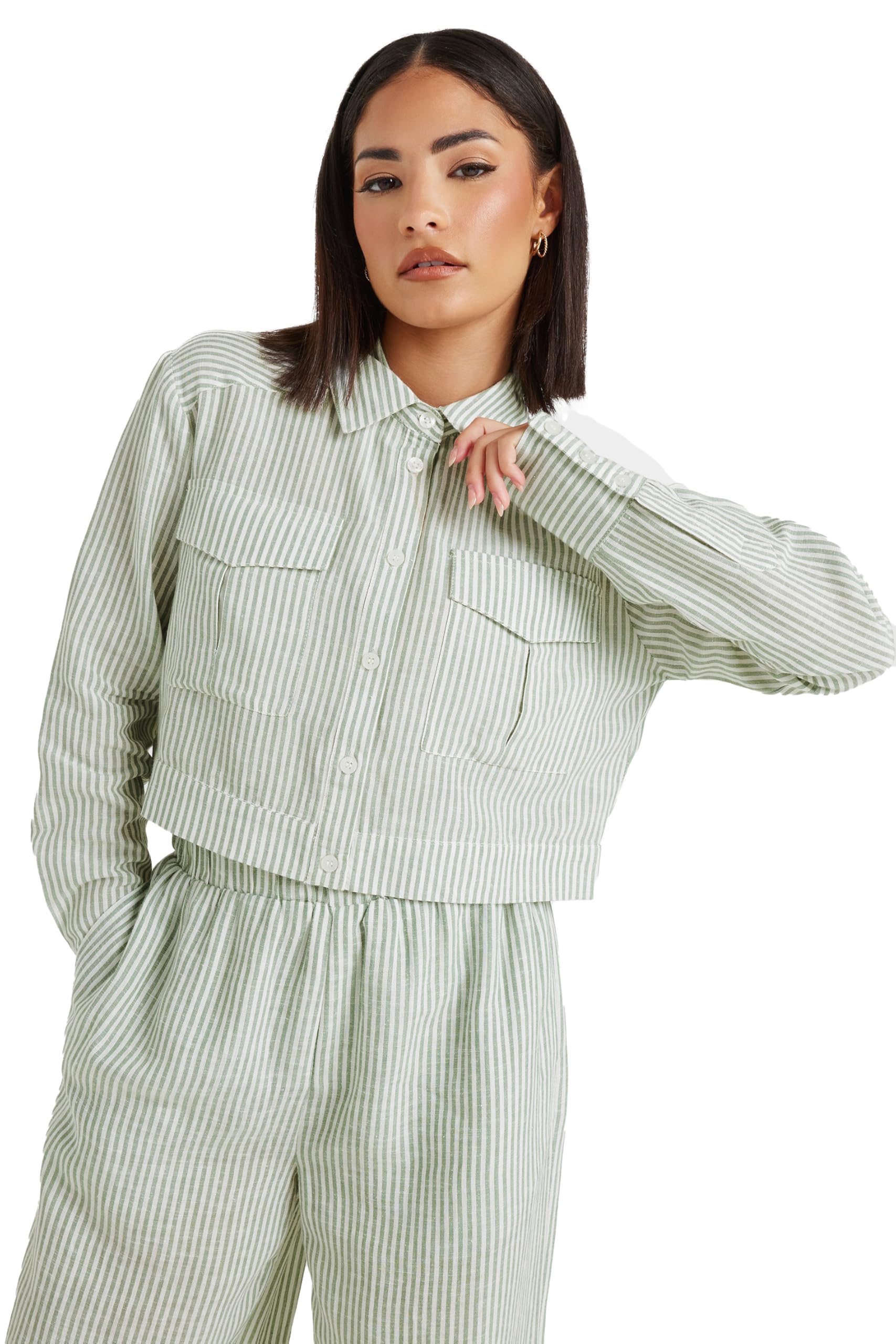 PixieGirl Women's Petite Linen Stripe Shirt in Green | Size: 18