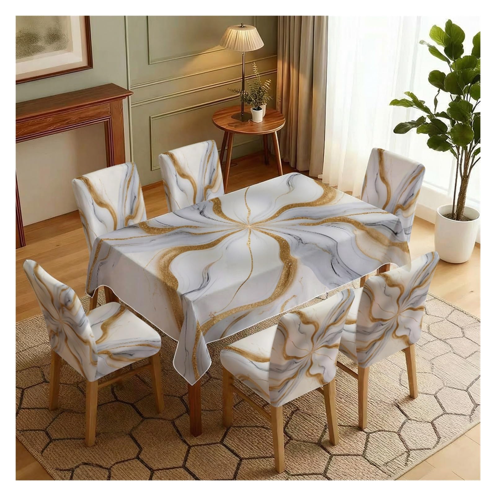 KXUAUV White Gold Marble Print Tablecloth Chair Covers Set, Stretch Slipcovers For Kitchen Dining Living Room Decor, 5/7 Pack Party Decor(7pcs Set: Tablecloth+Chair Covers)