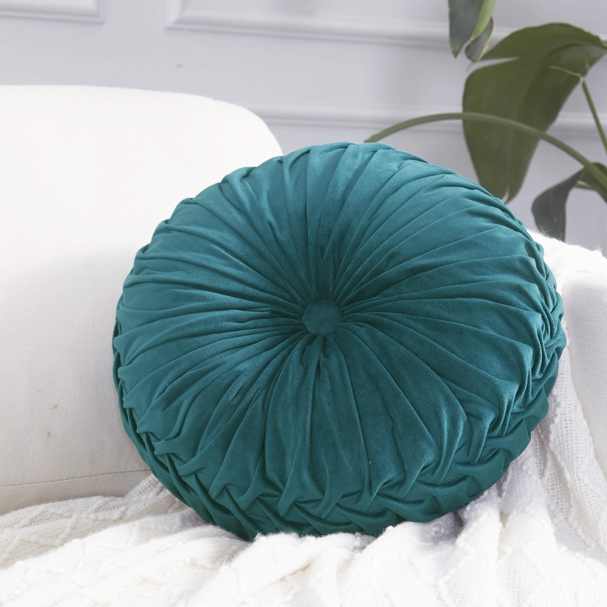Cassiel Home 14.5" Pintuck Round Throw Pillow - Handcrafted Pumpkin Velvet Floor Pillow - Gold Throw Pillows Cushion for Chair Couch(Solid Dark Teal)