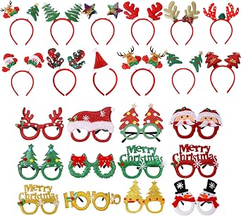 FLOWERTEEN Christmas Party Favors for Adults, 24Pcs Glittered Christmas Headbands and Glasses Frames Set with Assorted Design for Christmas Party Holiday Favors and Photo Booth