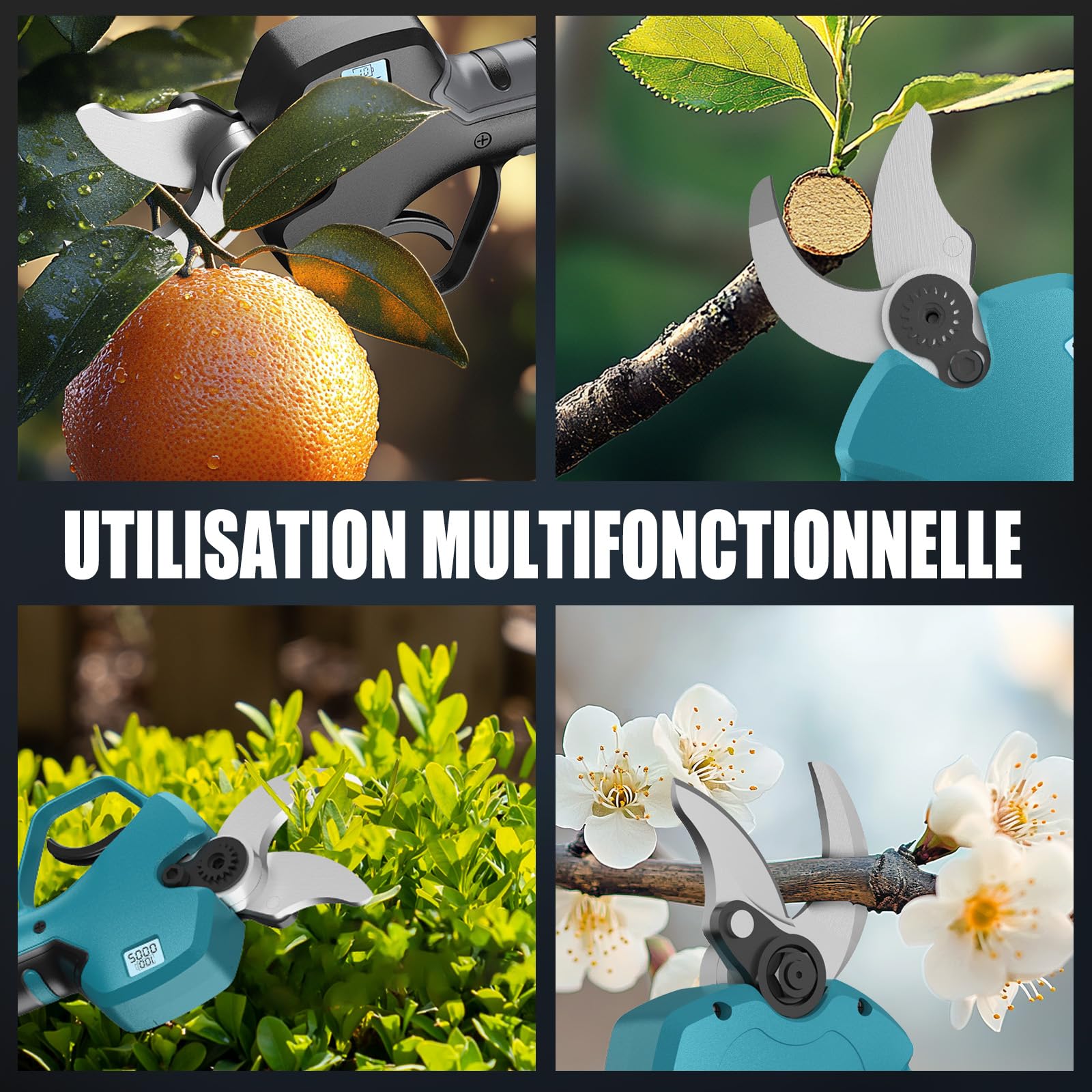 Sécateur Électrique Sans Fil, 40mm Secateur Electrique Professionnel avec 21V/2X2000mAh Batterie et Moteur Sans Balais Ciseaux de Jardinage Professionnel, LCD Display Bildschirm